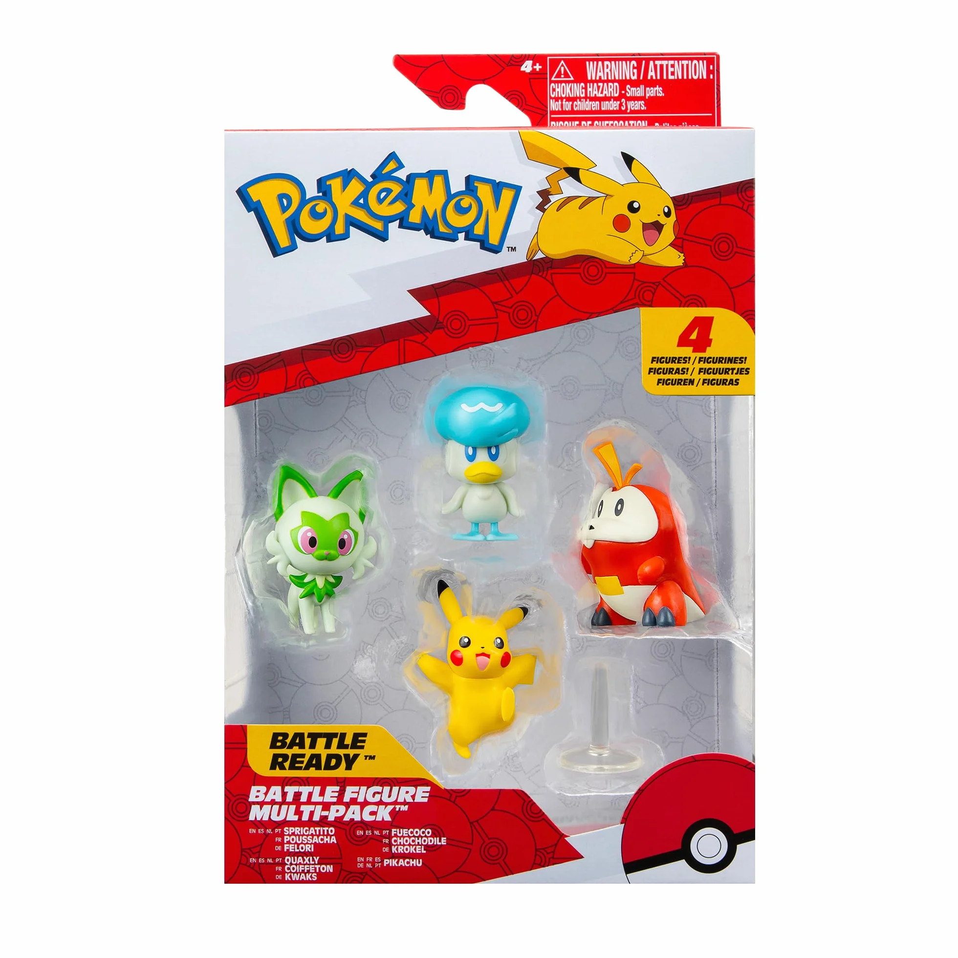 Pokémon PKW3402 - Figure Battle Figure Multipack - 4 sztuki z Pikachu, Krokel, Kwaks, Felori, oficjalne, szczegółowe figurki, każdy 5 cm