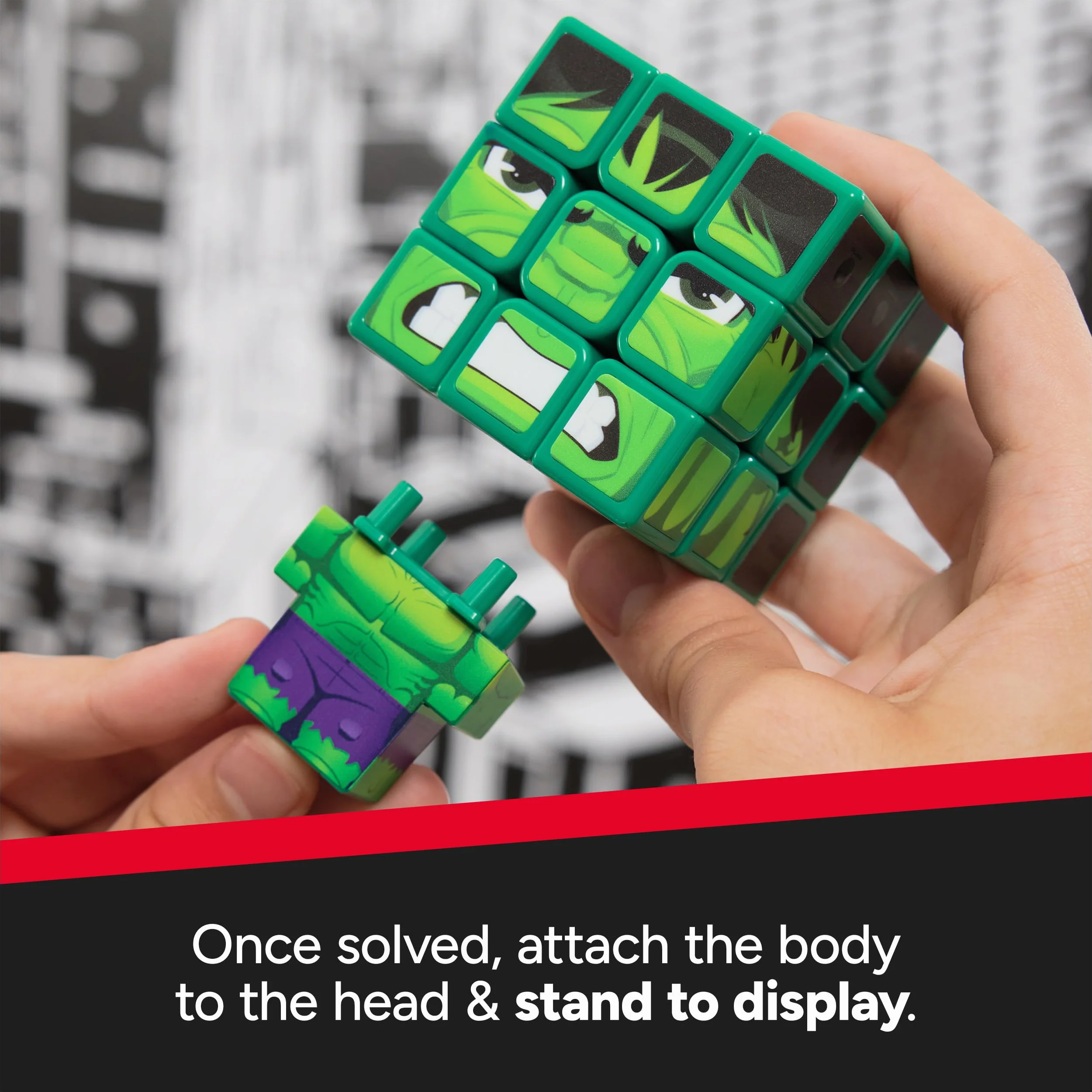 Rubik's Cube, Cubers - Hulk, 3 x 3 Marvel kostka Rubika w stylu Hulk, z fajnymi akcesoriami: korpus, stojak - wyzwanie superbohaterów, od 8 lat