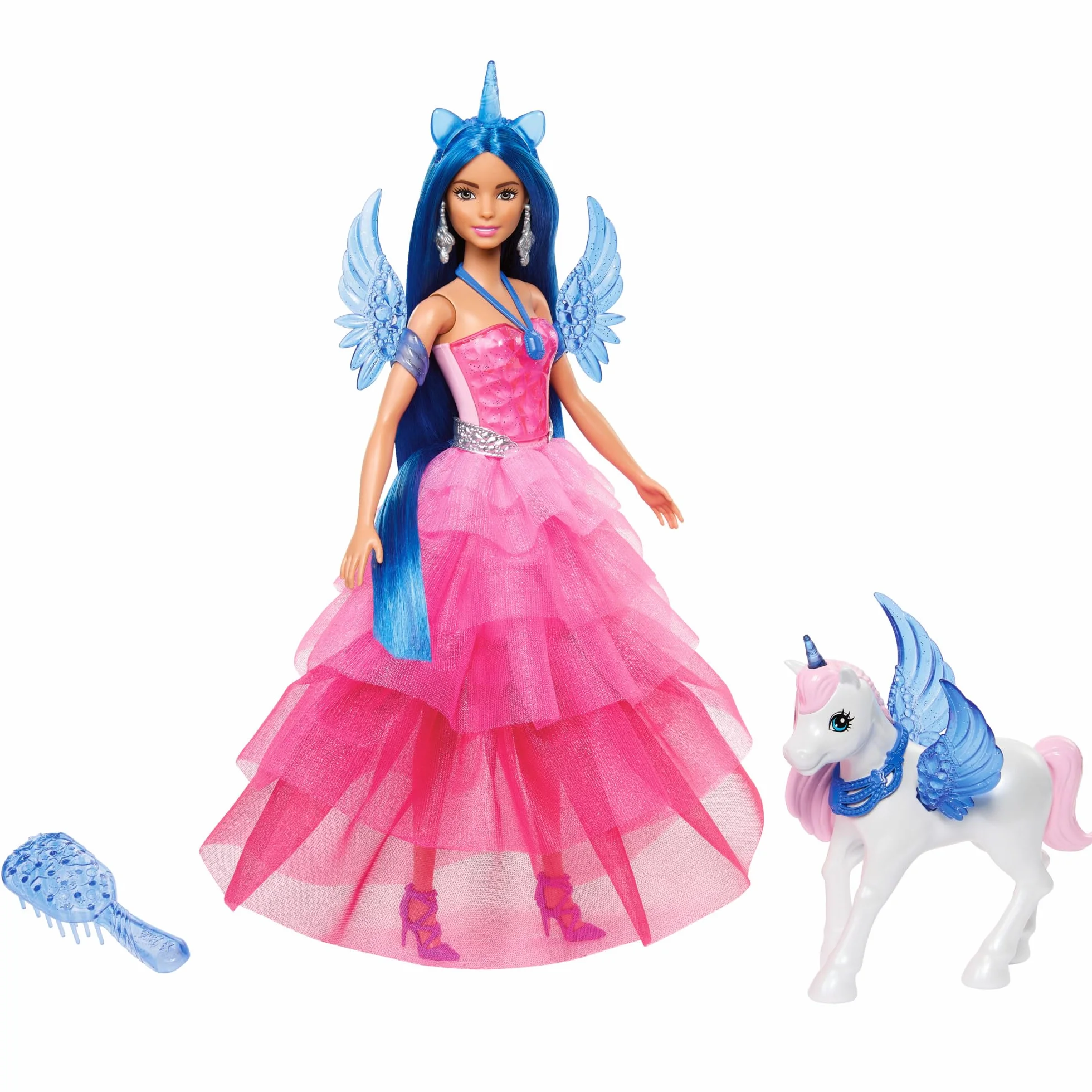 Barbie Sapphire Skrzydlaty jednorożec Lalka 65 rocznica z niebieskimi włosami, różową suknią i akcesoriami, takimi jak szafirowe skrzydełka i jednorożec ze skrzydłami, HRR16