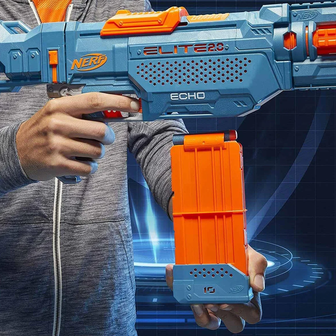 Wyrzutnia Nerf Elite 2.0 Echo CS-10-24 oryginalne strzałki Nerf, 10-strzałkowy magazynek, zdejmowana kolba, przedłużenie lufy, 4 szyny na akcesoria.