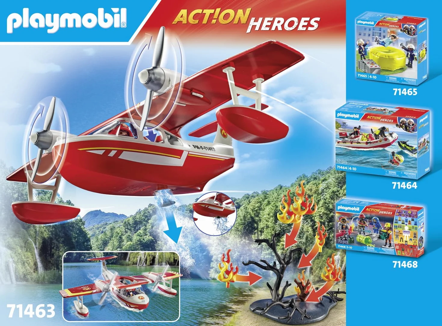 PLAYMOBIL Action Heroes 71463 Samolot straży pożarnej z funkcją gaszenia pożaru, bohaterskie misje ratunkowe. Zabawne i pomysłowe odgrywanie ról, zabawki dla dzieci w wieku od 4 roku życia