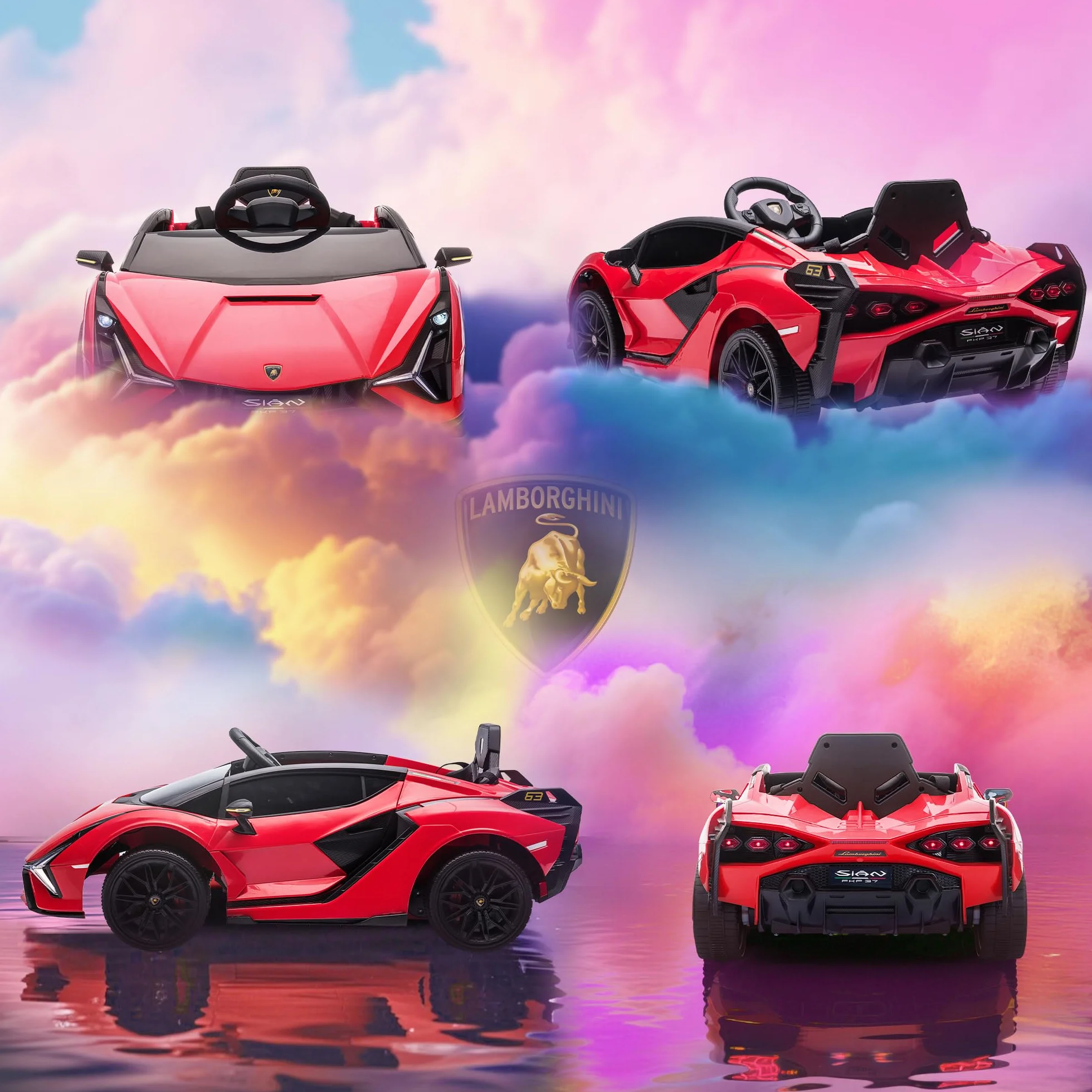 HOMCOM Licencjonowany samochód elektryczny dla dzieci Supercar Lamborghini Sian 12 V - V. Max. 5 km/h z pilotem 2,4G Efekty dźwiękowe + czerwone światło