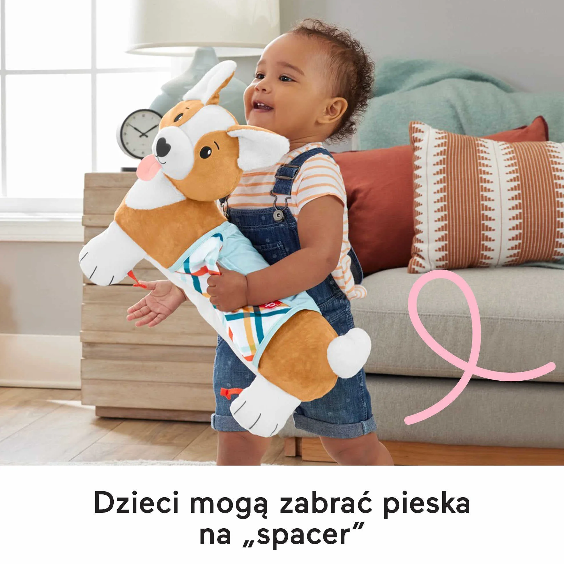 Fisher-Price Piesek 3 w 1 Poduszeczka pod brzuszek z grzechotką, gryzaczkiem bez bisfenolu A i lusterkiem, HJW10