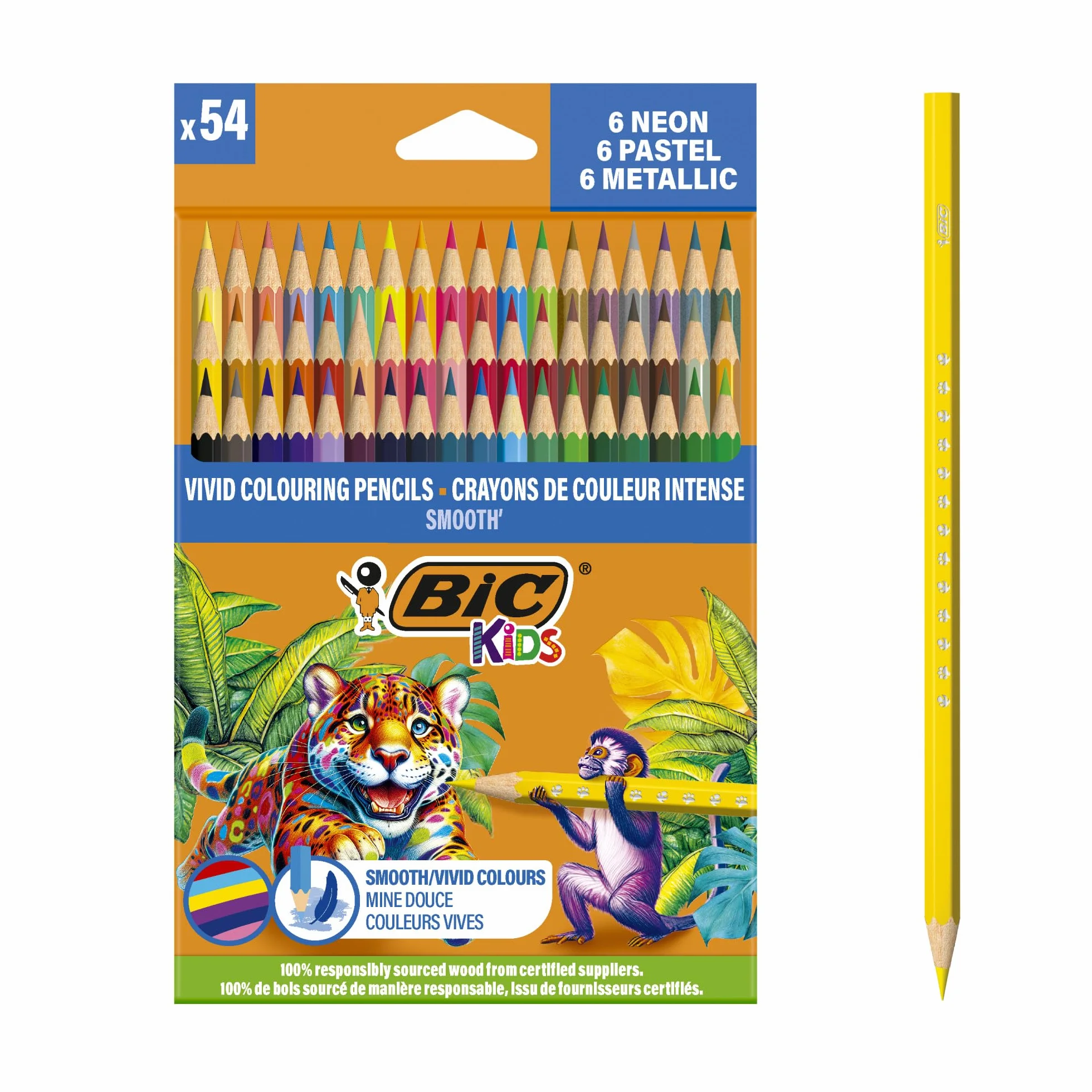 BIC Kids Smooth' Colouring Pencils Made from 100% Responsibly Sourced Wood- Assorted Standard, Metallic, Pastel and Neon Colours, Pack of 54