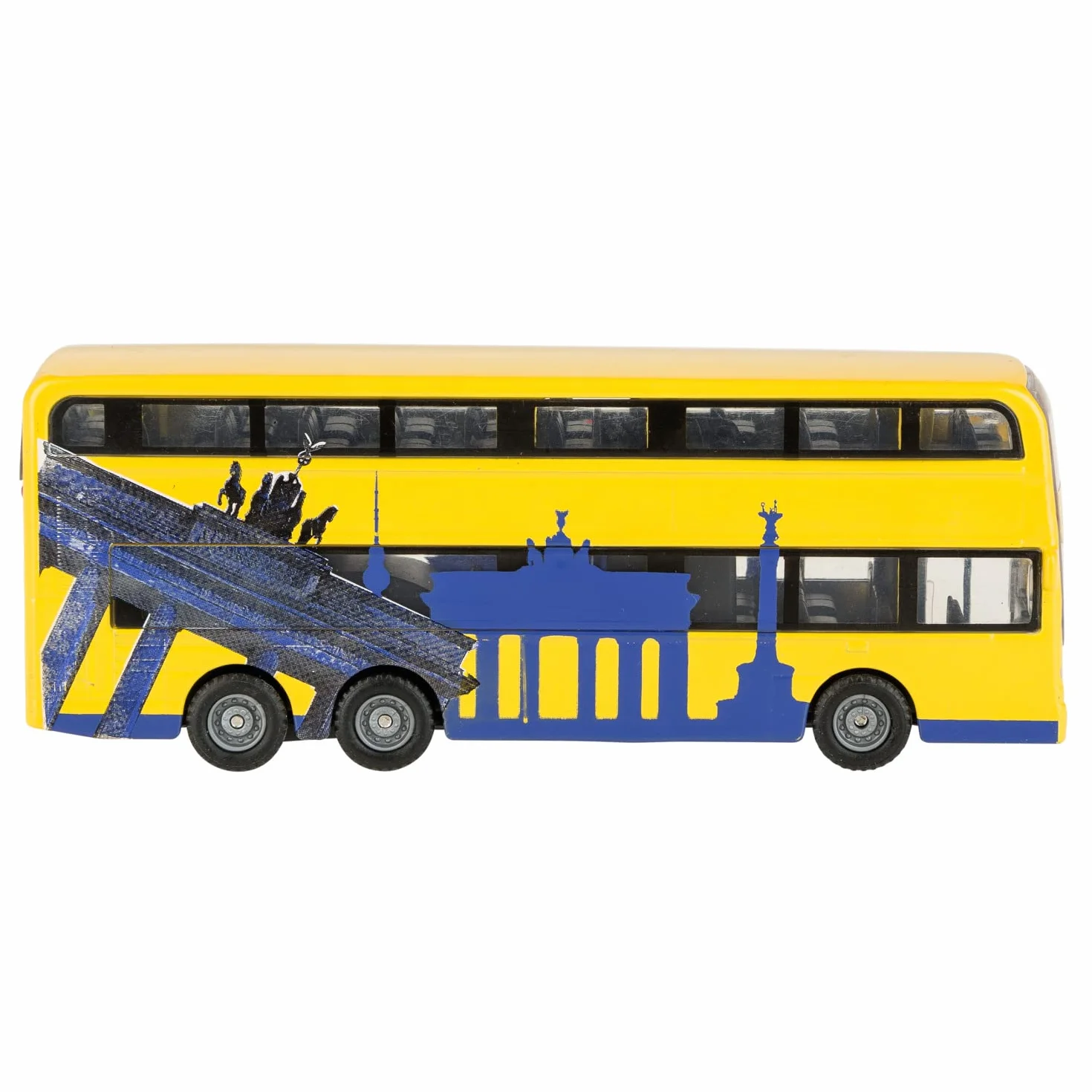 Idena 40107 model autobusu berlińskiego dwupokładowego z silnikiem cofania 18,5x13,5x4,5 cm żółty zabawka pamiątka kolekcjonerski