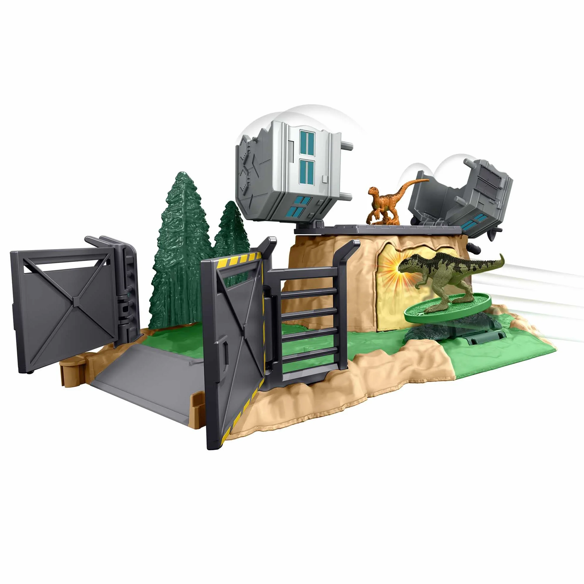 Jurassic World: Dominion Ucieczka dinozaura Minifigurki Zestaw z 2 minifigurkami dinozaurów, kilkoma obszarami zabawy, wyrzutniami i „łamiącymi się” elementami, dla dzieci od 4 roku życia, HFF12