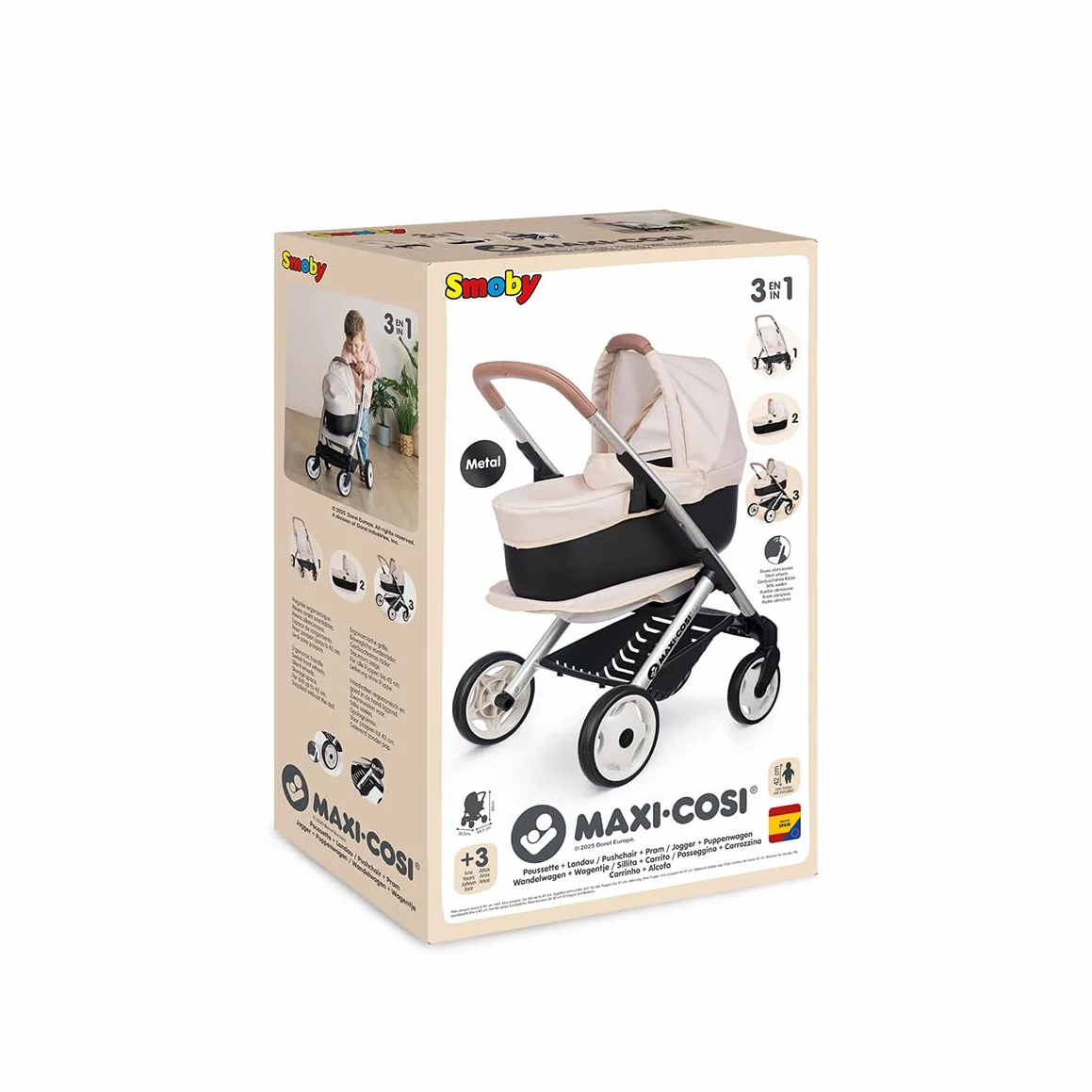 Smoby - Maxi-Cosi - Beżowy wózek spacerowy i głęboki - Dla lalek do 42 cm - 3 w 1 - Imitacja zabawki - Ciche i wielokierunkowe koła - Duży kosz do przechowywania - Od 3 lat - Wyprodukowano w Hiszpanii