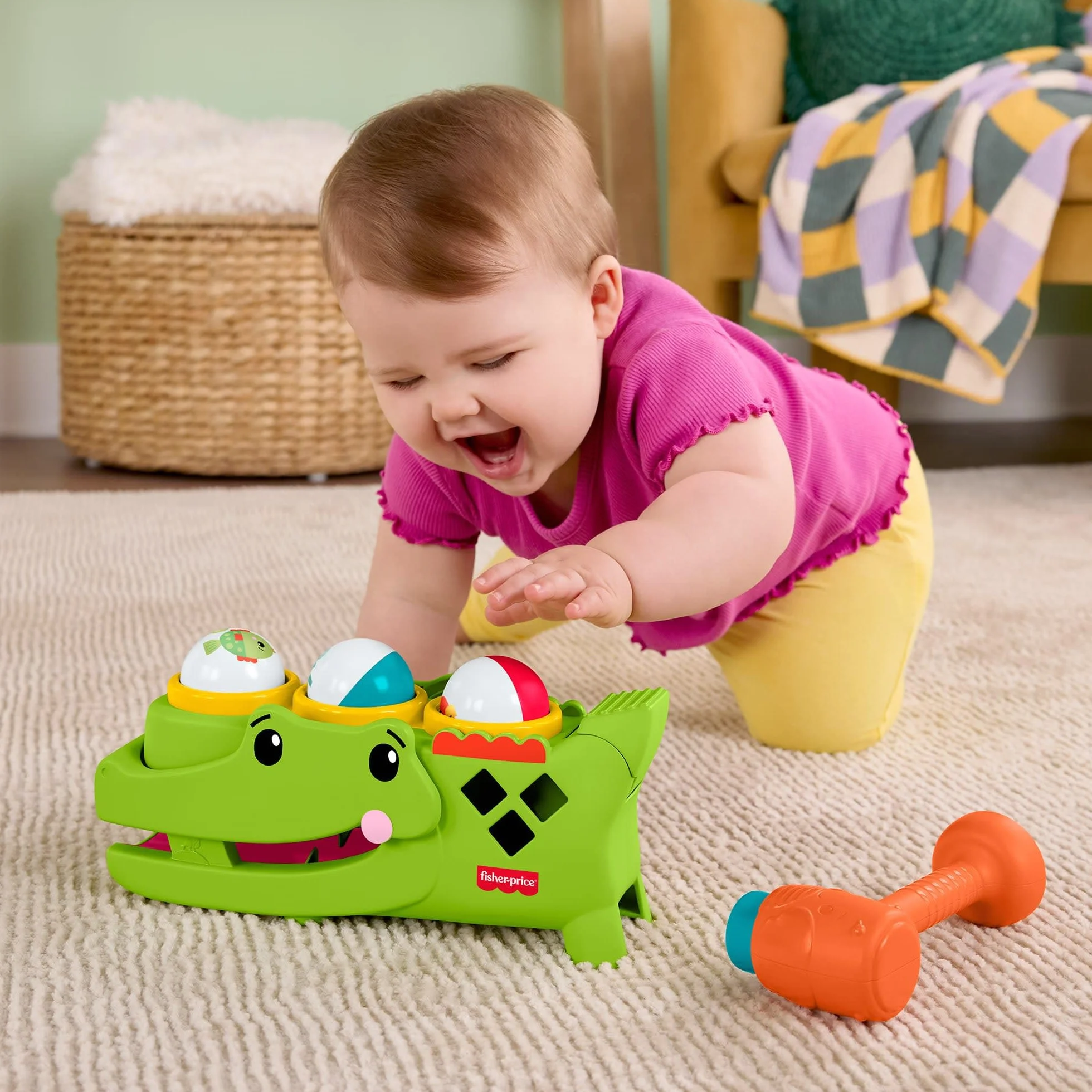 Fisher-Price Krokodyl Przebijanka aktywizująca z piłeczkami, zestaw zachęcający do raczkowania, młoteczek i 3 piłeczki, zabawka rozwojowa dla dzieci od 9 miesiąca życia, JLB94