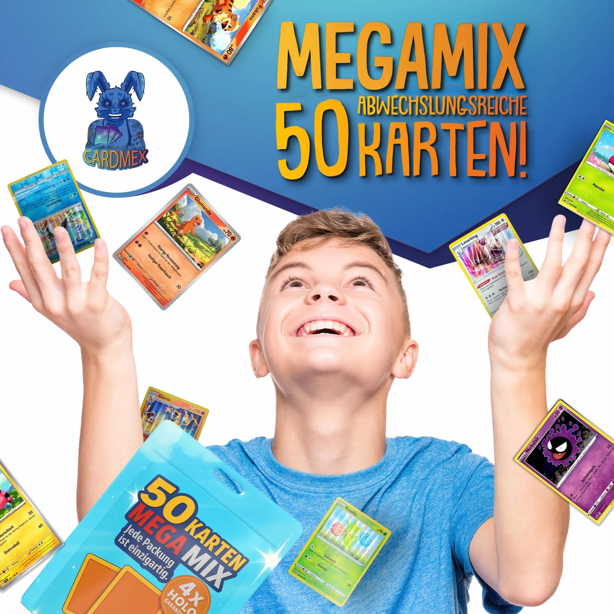 Cardmex Zestaw kart kolekcjonerskich Mega Mix – 50 różnych kart Monster & Trener w foliowych woreczkach kompatybilnych z kartami Pokémon – w zestawie 4 gwarantowanych kart Holo/Reverse Holo
