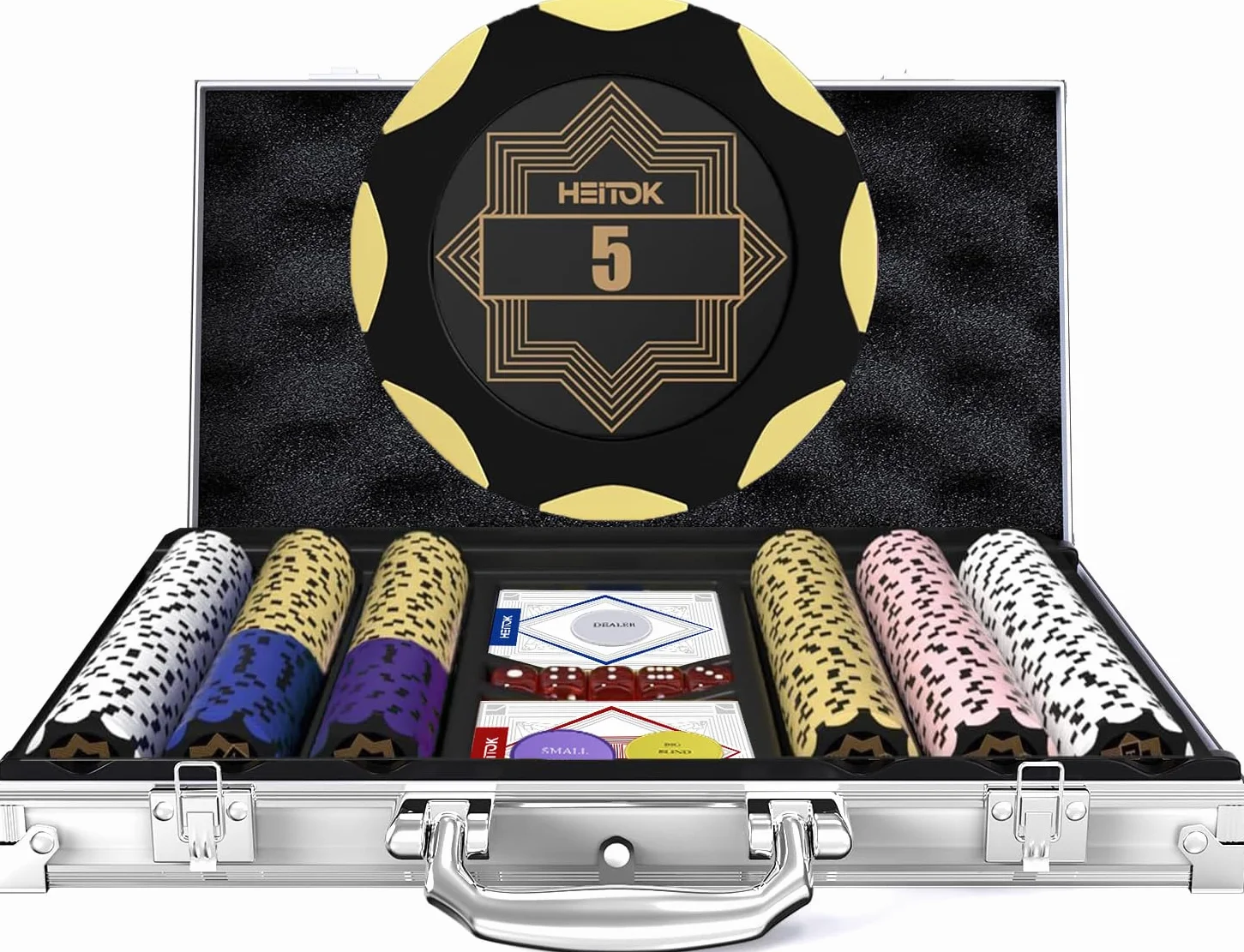 HEITOK Zestaw do pokera 300 żetonów 14g gliniane kompozytowe z metalowym rdzeniem, profesjonalna walizka aluminiowa, karty, kości i przyciski blind, kompletny zestaw Texas Holdem Casino