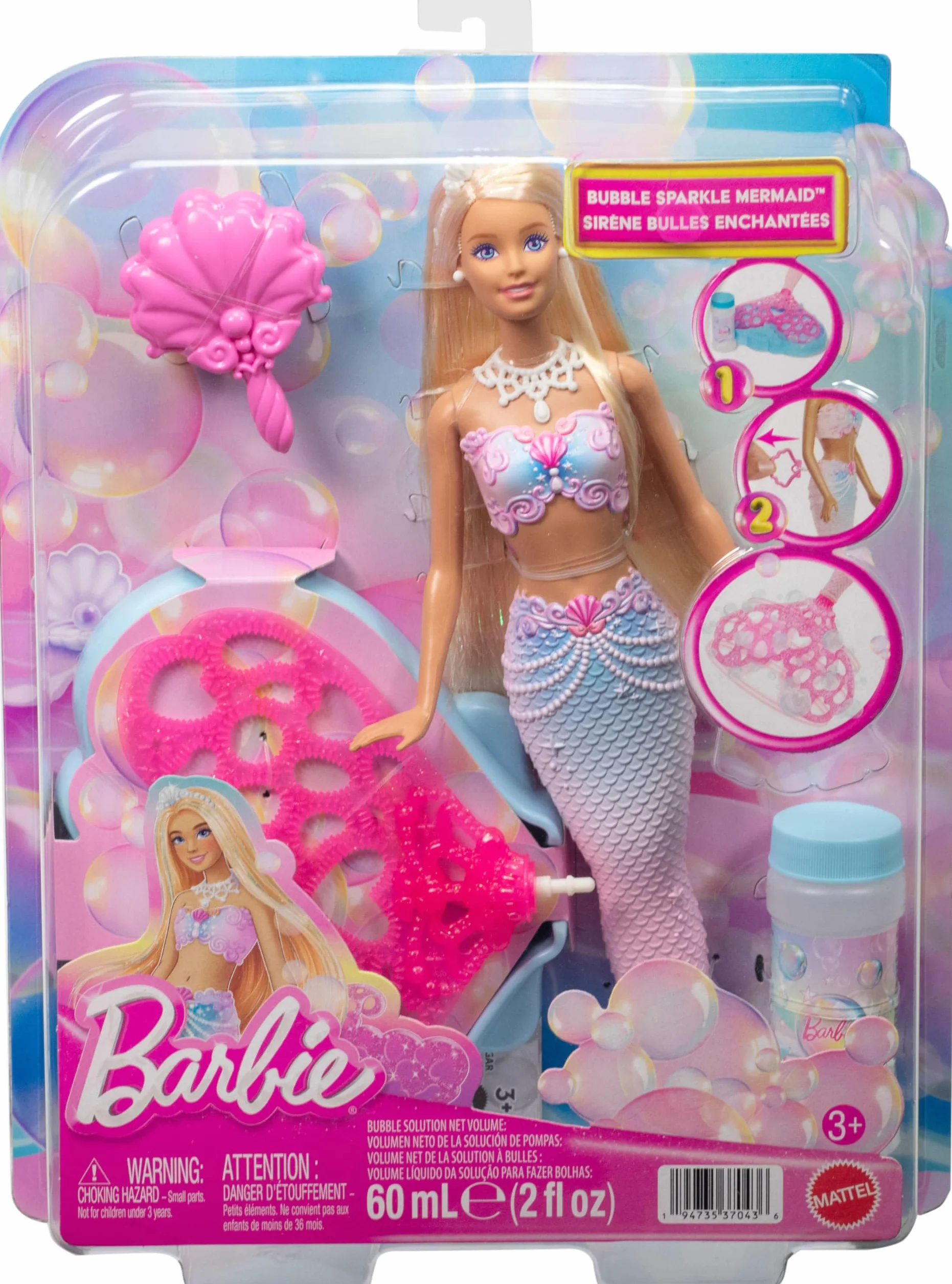 Barbie Lalka Bąbelkowa syrenka Magiczne bańki (długie blond włosy, lśniące pasemka), funkcja robienia baniek, płyn do baniek, tacka i szczotka do włosów, zestaw zabawka dla dzieci 3+, JLW56