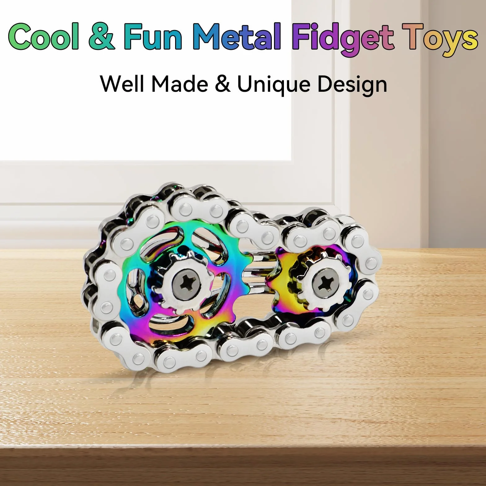 Metalowe zabawki typu fidget, zabawka fidget z łańcuchem rowerowym z 2 biegami, gadżety do redukcji lęku, ręczne spinnery dla dorosłych (srebrny + kolor)