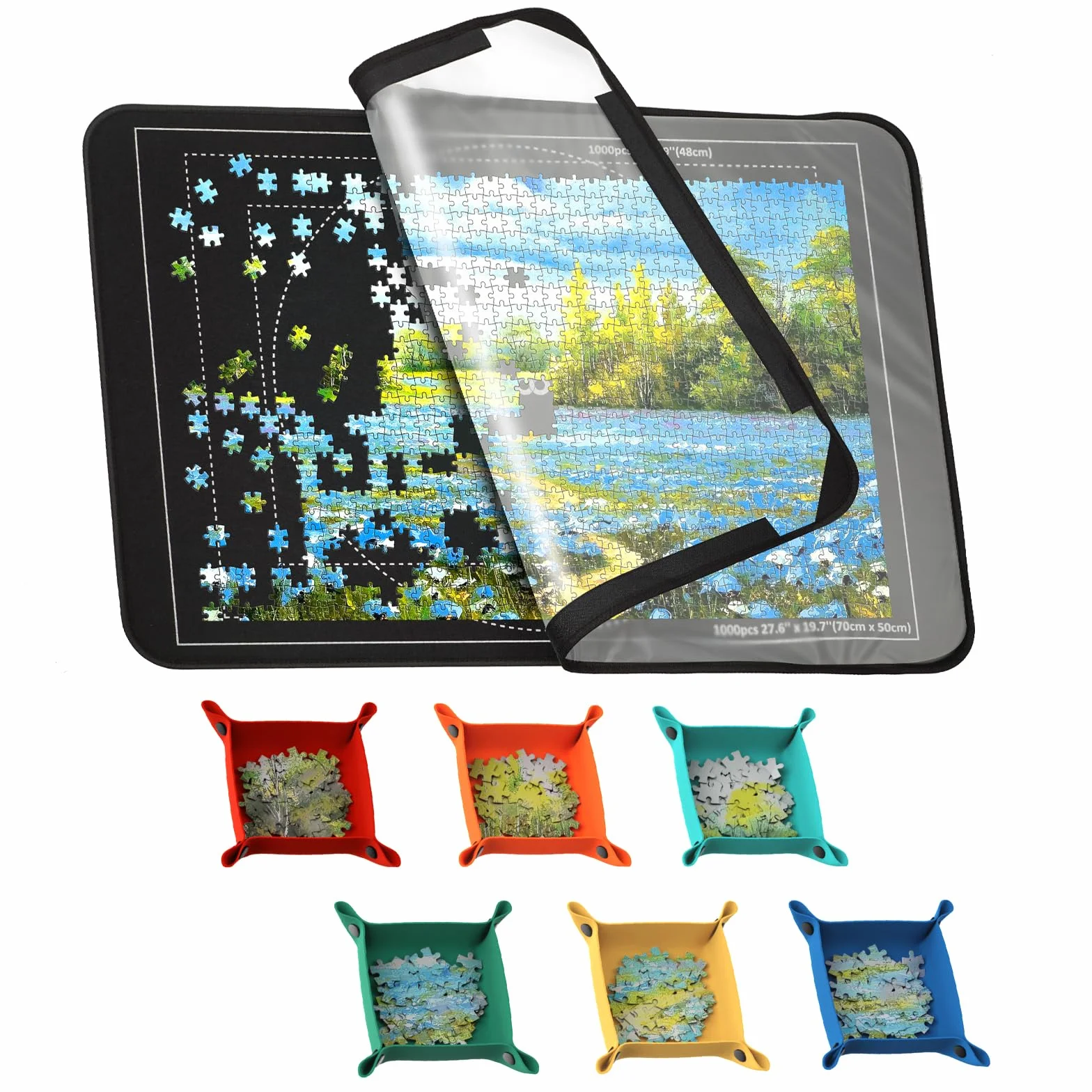 Mozooson Plansza do układania puzzli 1000 sztuk, przenośna mata do puzzli, 32 x 50 cm, antypoślizgowa powierzchnia do układania puzzli, prezent do przechowywania puzzli (6 tac sortujących + 1 okładka)