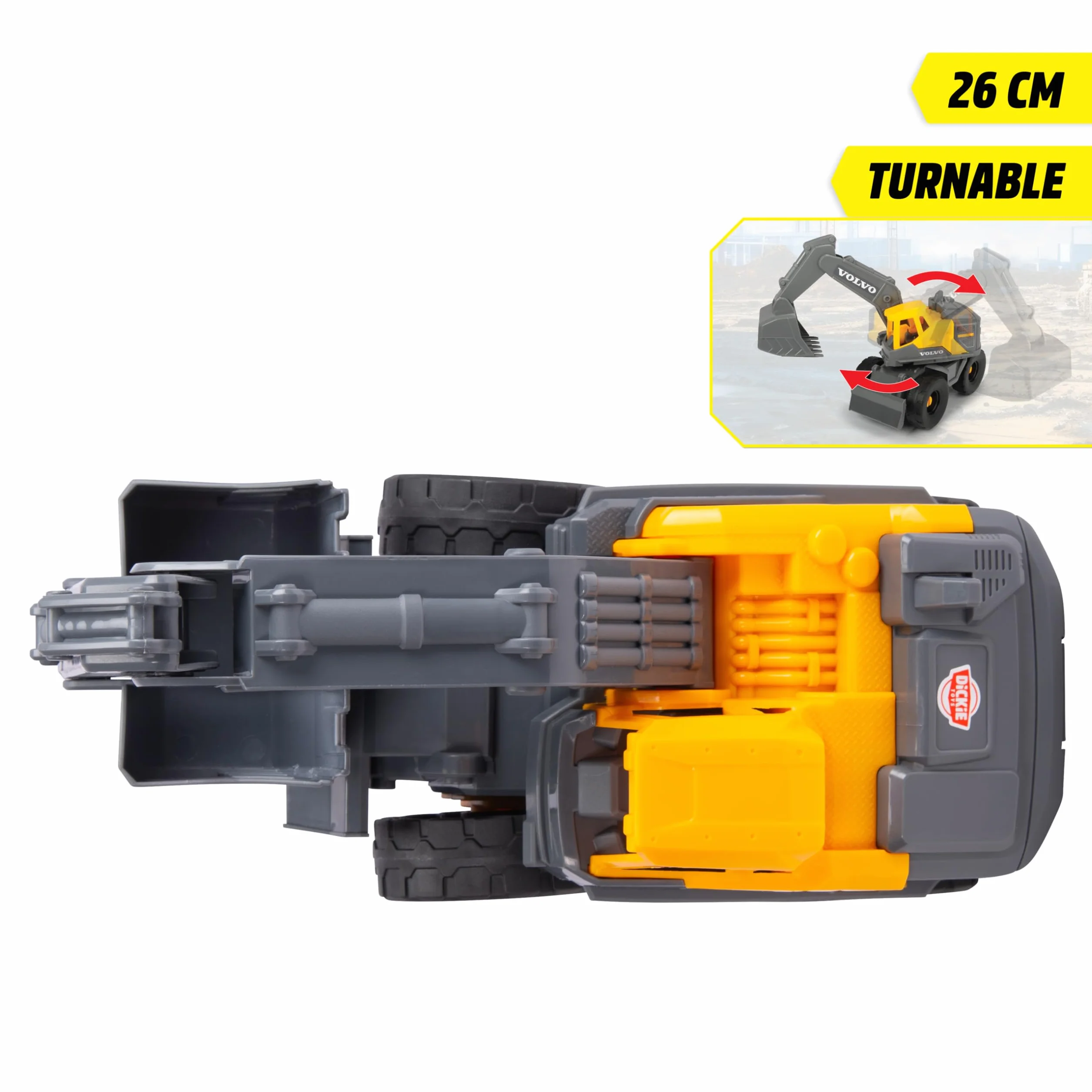 Dickie Toys - Volvo Bagger Tough Excavator (26 cm) - zabawkowa koparka łopatkowa dla dzieci od 3 lat z wolnym biegiem, ruchomym ramieniem i szuflą, nadaje się jako zabawka do piasku