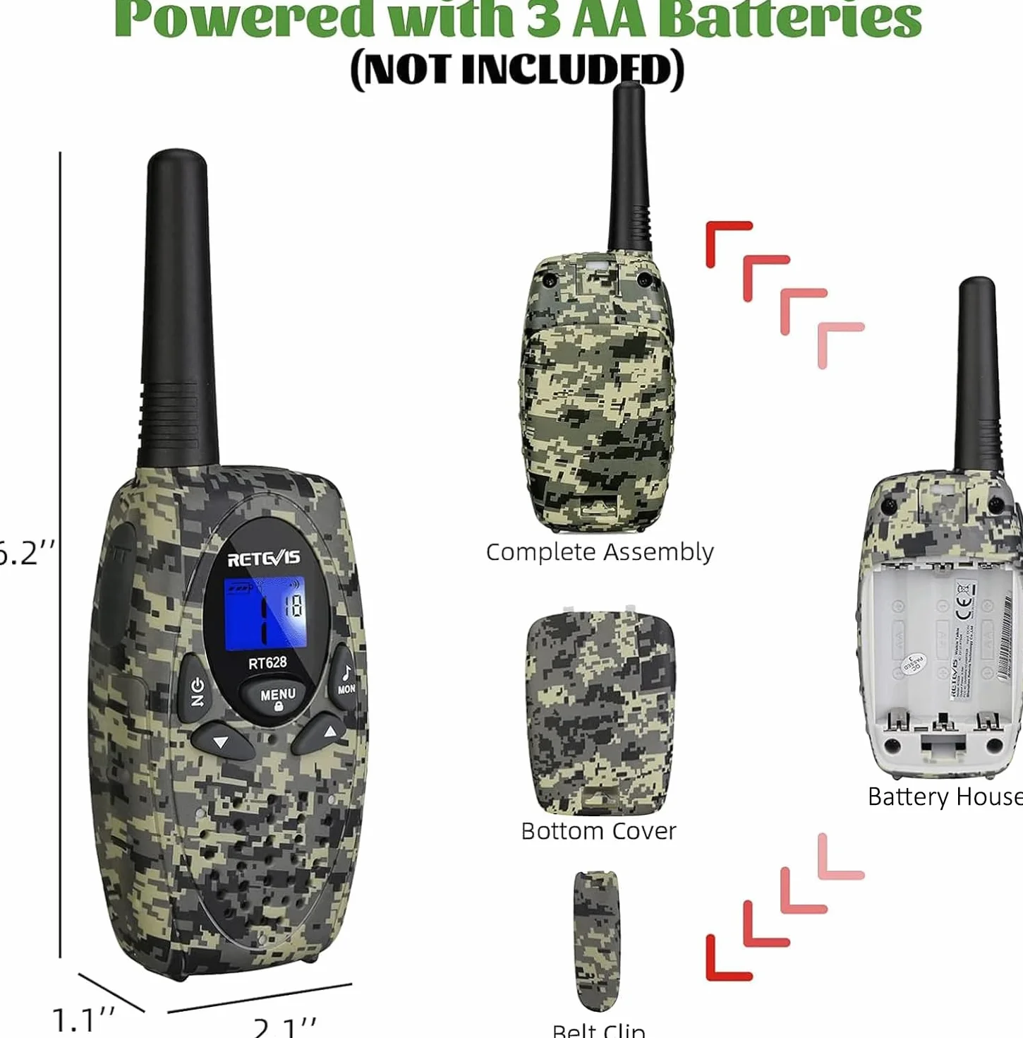 Retevis RT628 krótkofalówka dla dzieci, duży zasięg, prosta obsługa PMR446, zabawka dla dzieci w wieku od 3 do 12 lat, Spy Gear, podróże (1 para, kamuflaż)