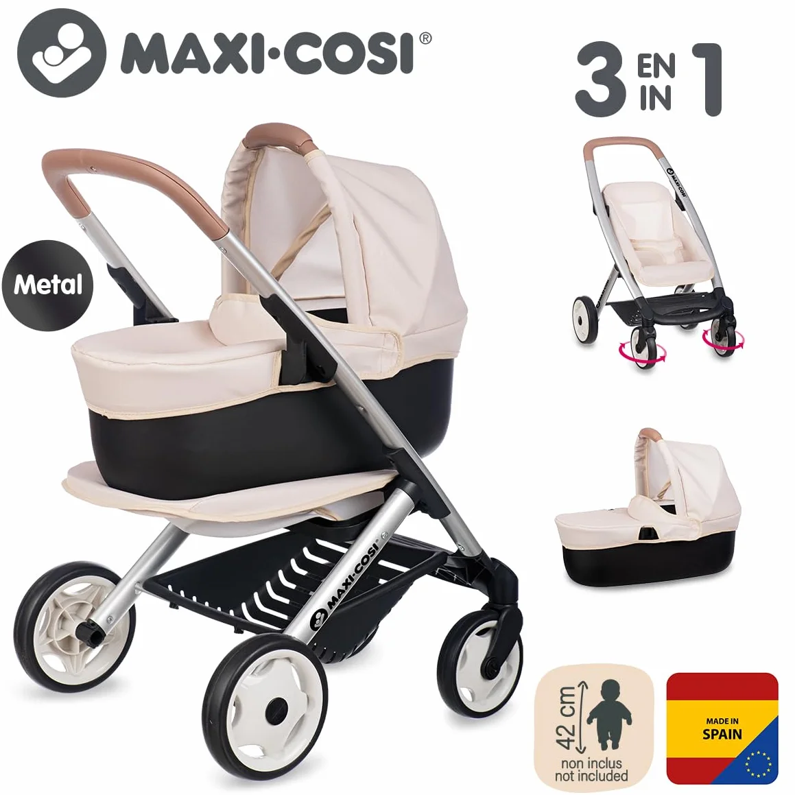 Smoby - Maxi-Cosi - Beżowy wózek spacerowy i głęboki - Dla lalek do 42 cm - 3 w 1 - Imitacja zabawki - Ciche i wielokierunkowe koła - Duży kosz do przechowywania - Od 3 lat - Wyprodukowano w Hiszpanii