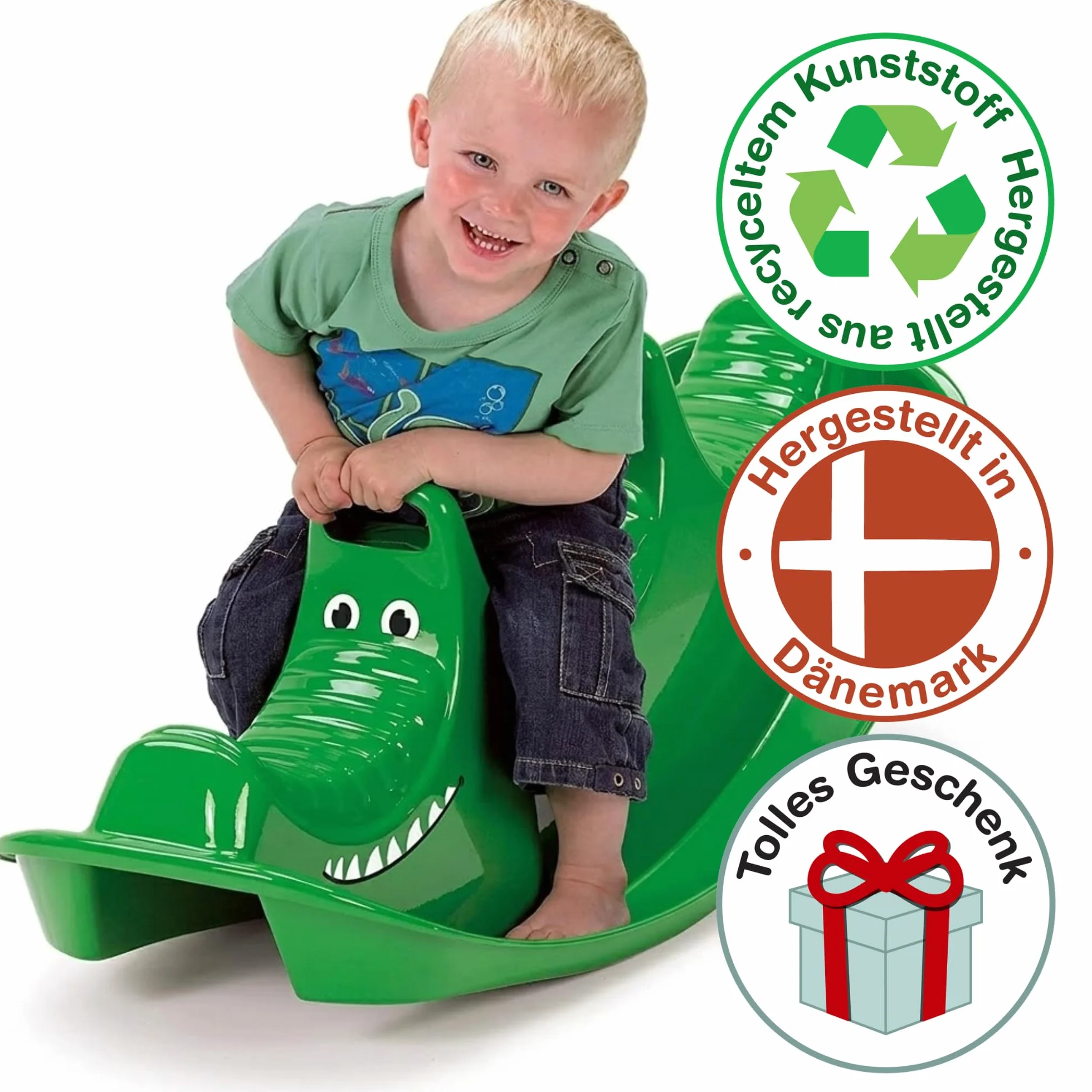 Dantoy 3 Persons Rocker and Seesaw, Durable Plastic with 3 Seats and Made in Denmark – Green Crocodile