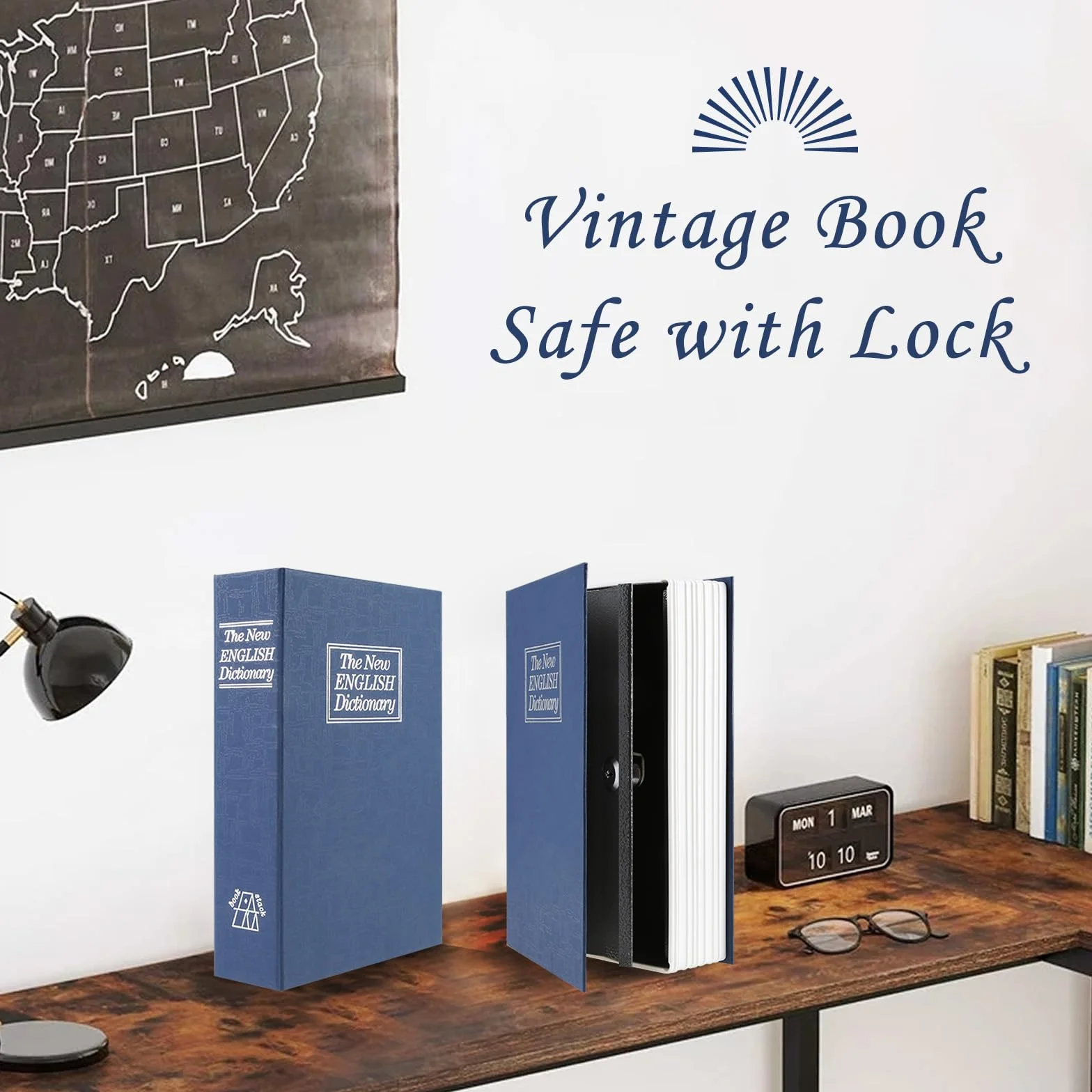 Sejf na książkę z blokadą na klucze, przenośne metalowe pudełko sejf, słownik dywersyjna książka sejf, Secret Book Hidden Safe, 9,5 "x 6,1" x 2,2"