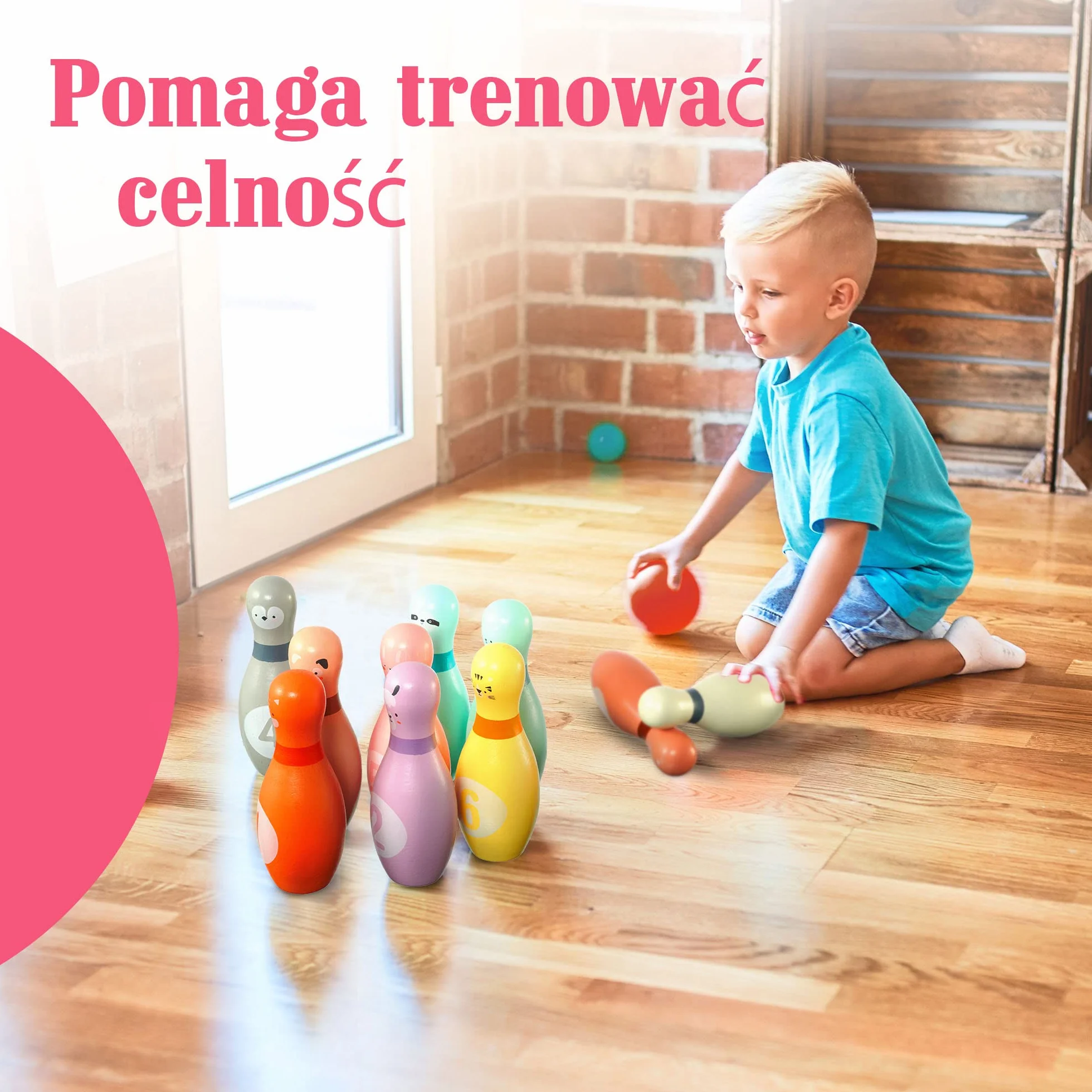 Pink Papaya Kręgle Drewniane dla Dzieci 12-Częściowy Zestaw