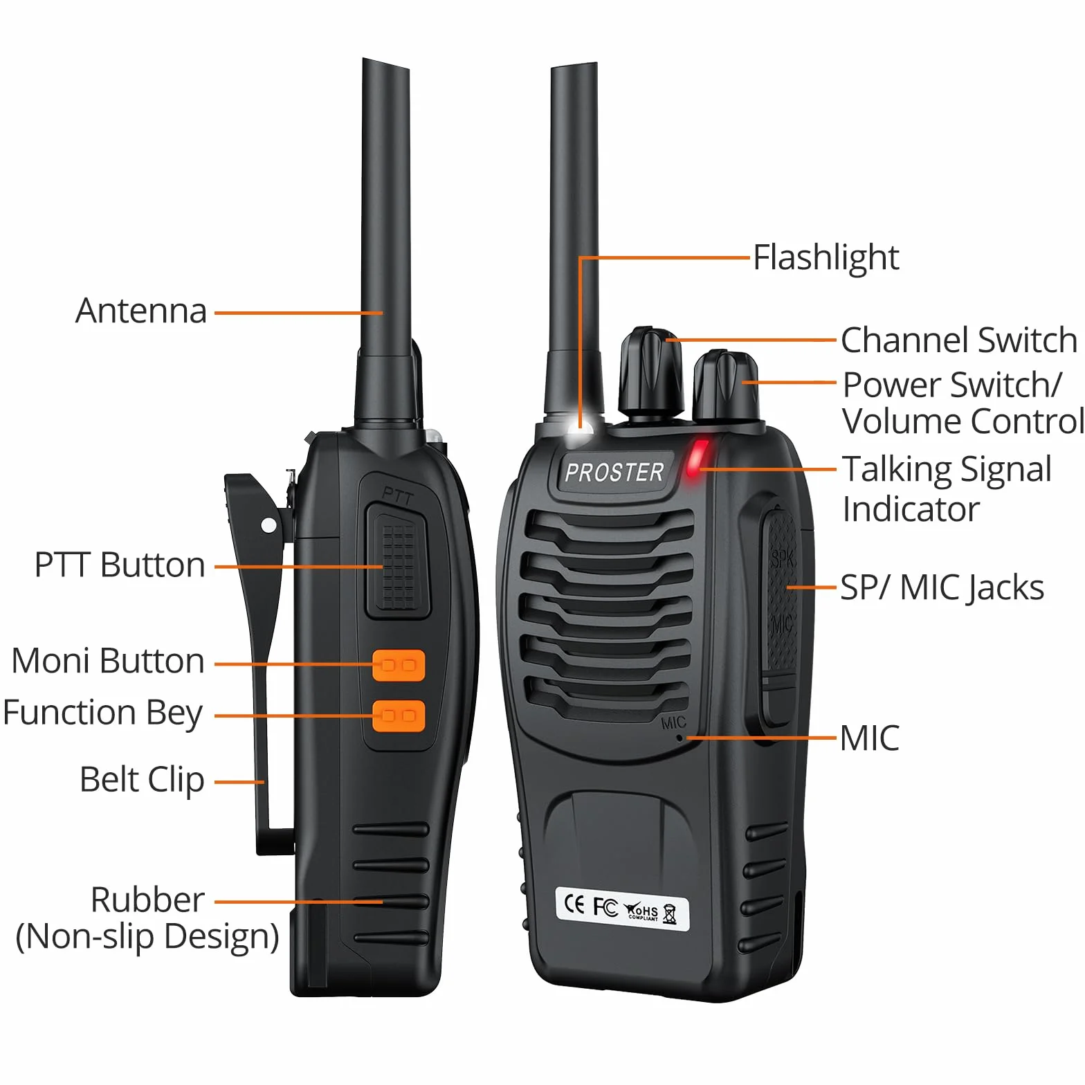 Proster Walkie Talkie 16 kanałów, ładowalne, Walky Talky, z ładowarką USB, słuchawki krótkofalówki z komunikatem głosowym, 1 para