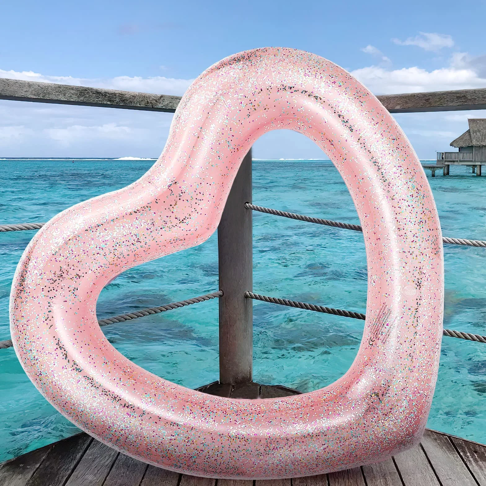 HeySplash Nadmuchiwane koło do pływania z brokatem, 11 x 99,4 cm, pływające leżaki rurowe, zabawne na plaży, zabawka dla dorosłych, różowe złoto