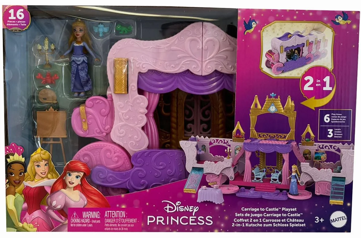 Mattel Księżniczka Disneya Karoca-Zamek 2w1 Zestaw z 3 poziomami, 6 obszarami zabawy, transformacją, małą lalką Aurorą, 4 figurkami, mebelkami i akcesoriami, HWX17