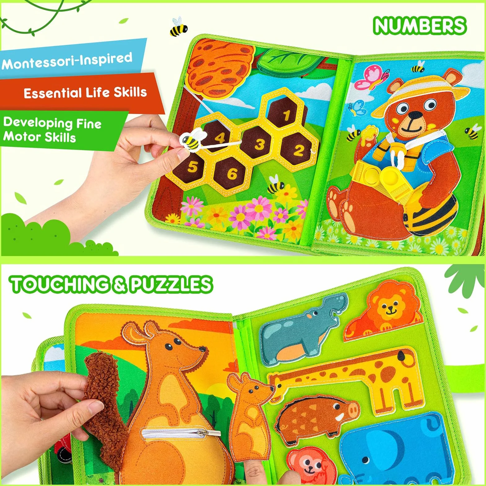 Quanquer Deska aktywności dla dzieci na urodziny, zwierzęta Montessori Deska zabaw dla dzieci w wieku 12+ miesięcy, 1, 2, 3 lata, przedszkole, aktywności edukacyjne, rozwijające sensoryczne