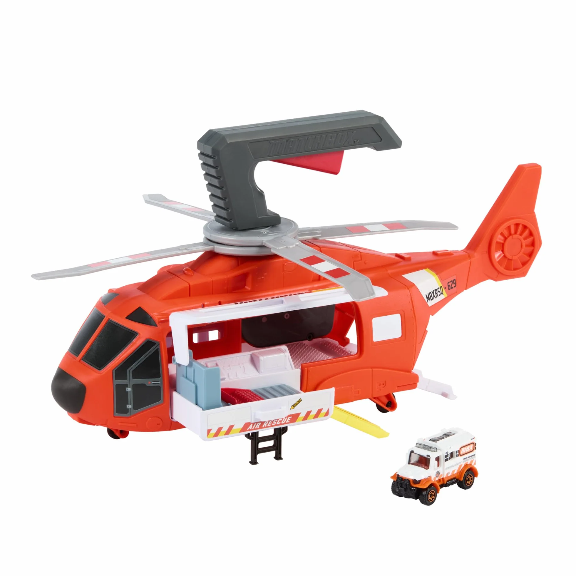Matchbox Helikopter ratunkowy Zestaw z dużym helikopterem (40,5 cm) przekształcającym się w stację ratowniczą, śmigłem napędzanym ręcznie i metalową karetką w skali 1:64, HXM74
