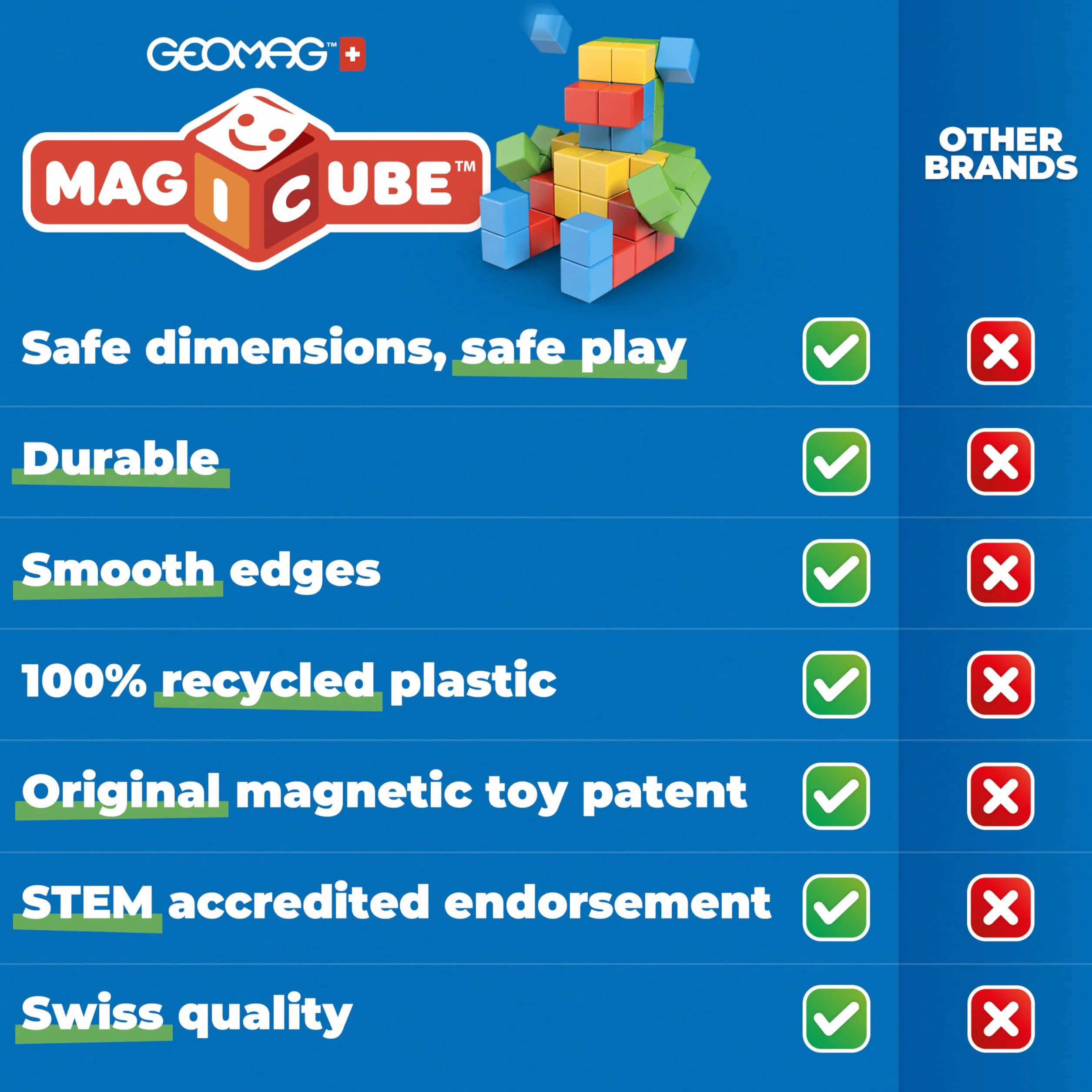 Geomag- Magicube Magnetic Construction for Kids Green Line 100% plastik z recyklingu, 24 kostki, 56, wielokolorowy