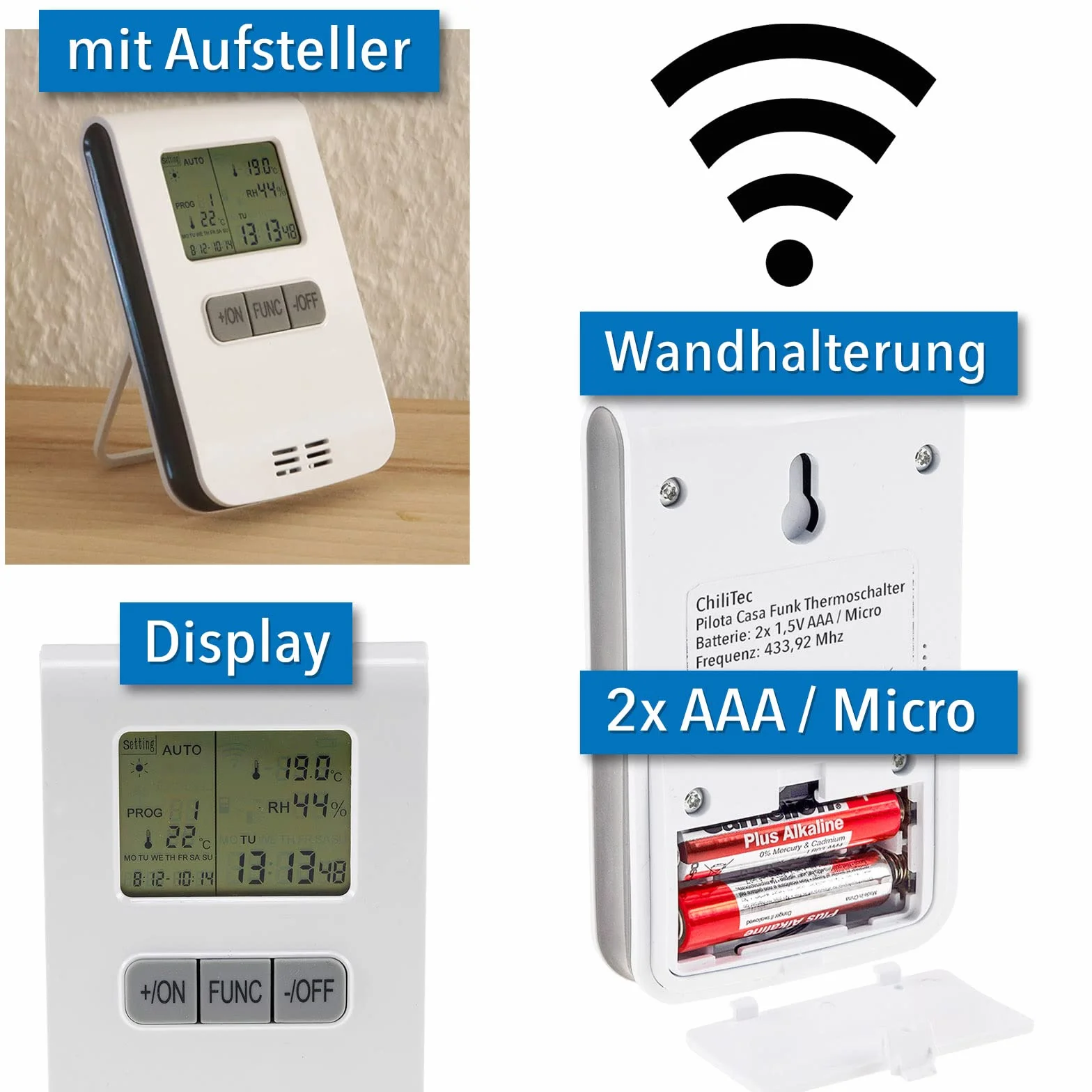 Termostat radiowy zestaw z gniazdkiem elektrycznym, gniazdo radiowe z nadajnikiem temperatury, wyświetlacz, 433,92 MHz, automatyczne sterowanie temperaturą