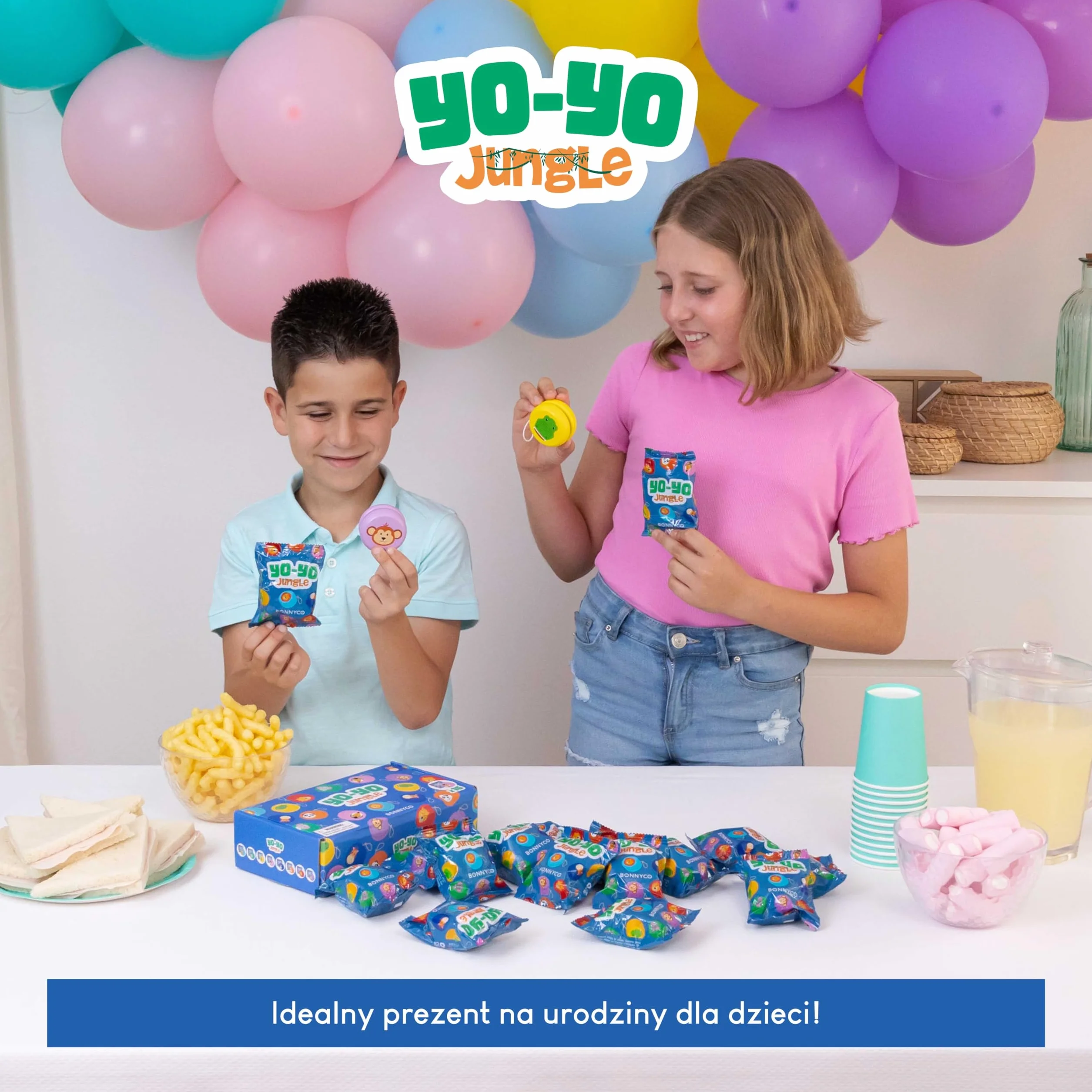 BONNYCO Zestaw dla Dzieci Jo-Jo 16 Zwierzątek, Wypełniacze do Torebek. Drewniane Jo-Jo, Akcesoria Imprezowe. Zabawki Interaktywne dla Dzieci, Upominki na Urodziny