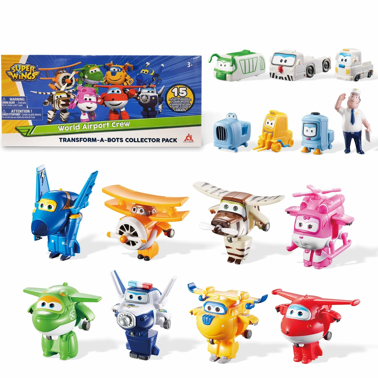 SUPER WINGS - WORLD AIRPORT CREW - 8-PART TRANSFORM-A-BOTS SET + figurki PVC x7 - Transformowalne zabawkowe samoloty i figurki robotów z 1 sezonu serialu animowanego Super Wings.