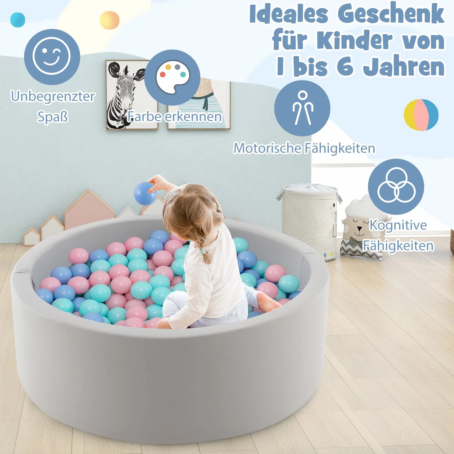 COSTWAY Basen z piłkami z 200 piłkami, basen z piłkami 90 x 30 cm, w zestawie zdejmowana mata podłogowa i poszewka nadająca się do prania w pralce, okrągłe doły z piłkami, grubość 5 cm, szary
