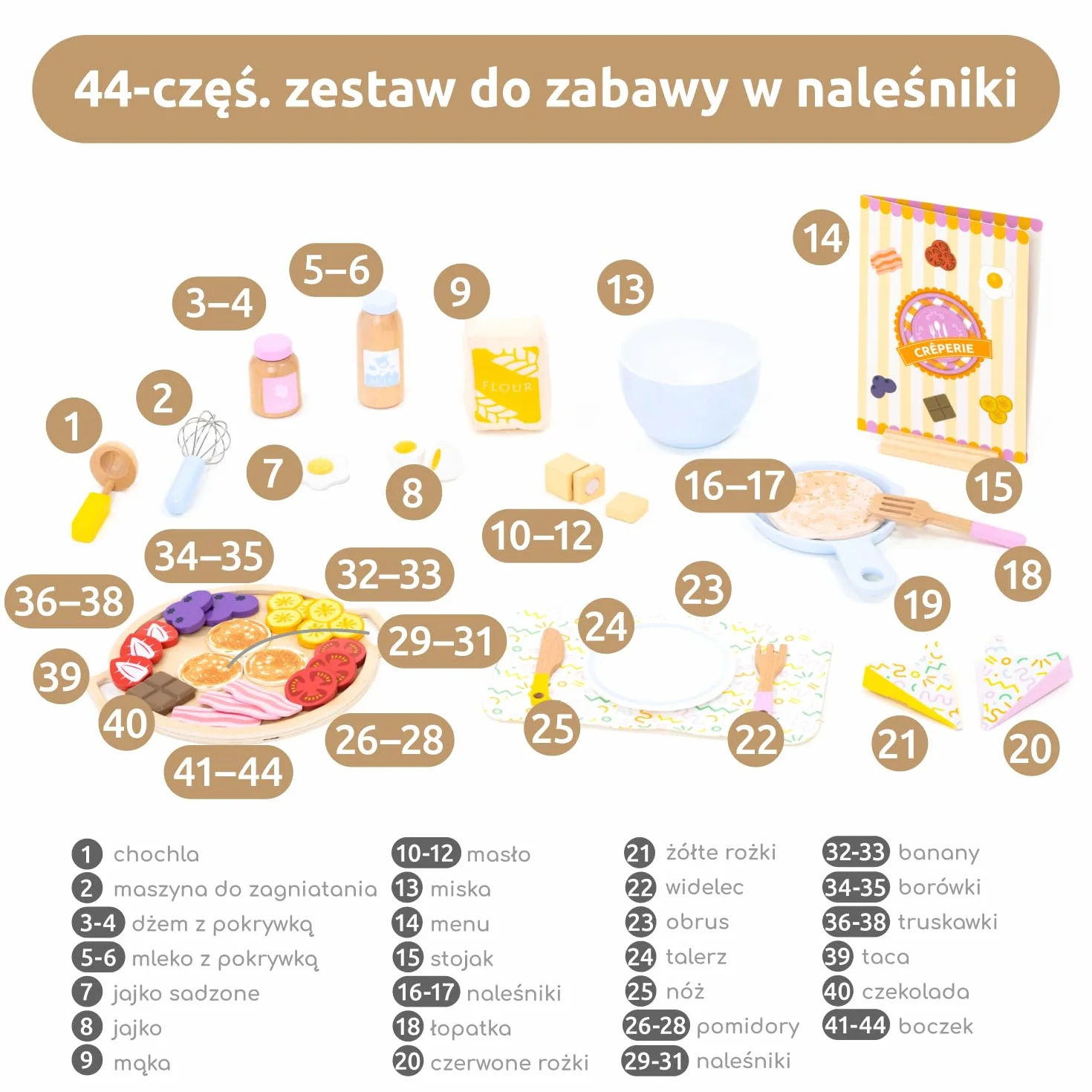 UMU® Naleśniki zestaw do zabawy z drewna – z patelnią, łopatką, syropem i innymi, zestaw do naleśników dla dzieci, 44-częściowy zestaw akcesoriów kuchennych dla małych kucharzy od 3, 4, 5 lat