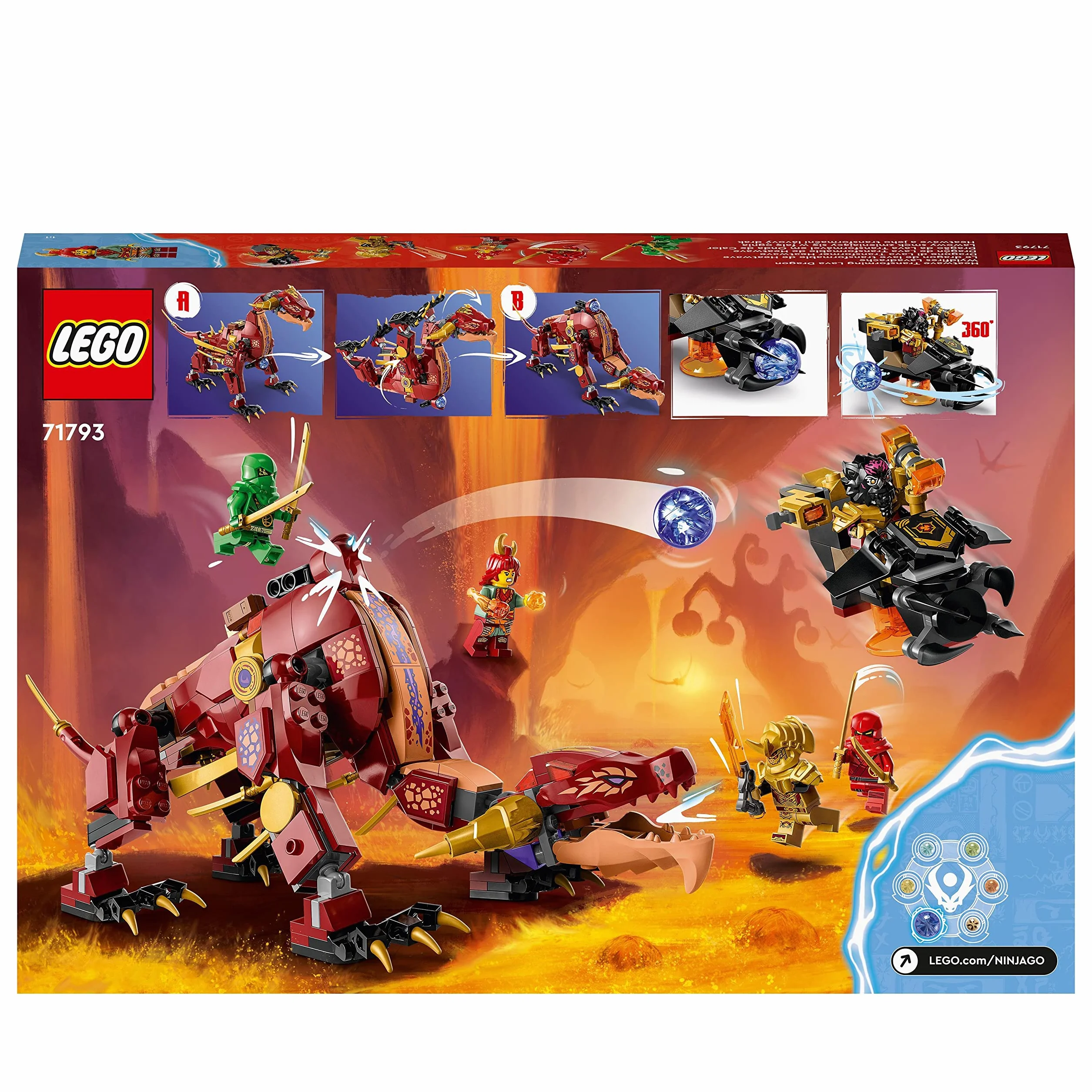 LEGO 71793 NINJAGO Lawowy smok zmieniający się w falę ognia, zestaw z serii Dragons Rising z figurką mitycznego stworzenia oraz minifigurkami Kaia i Lloyda, zabawka, prezent dla dzieci