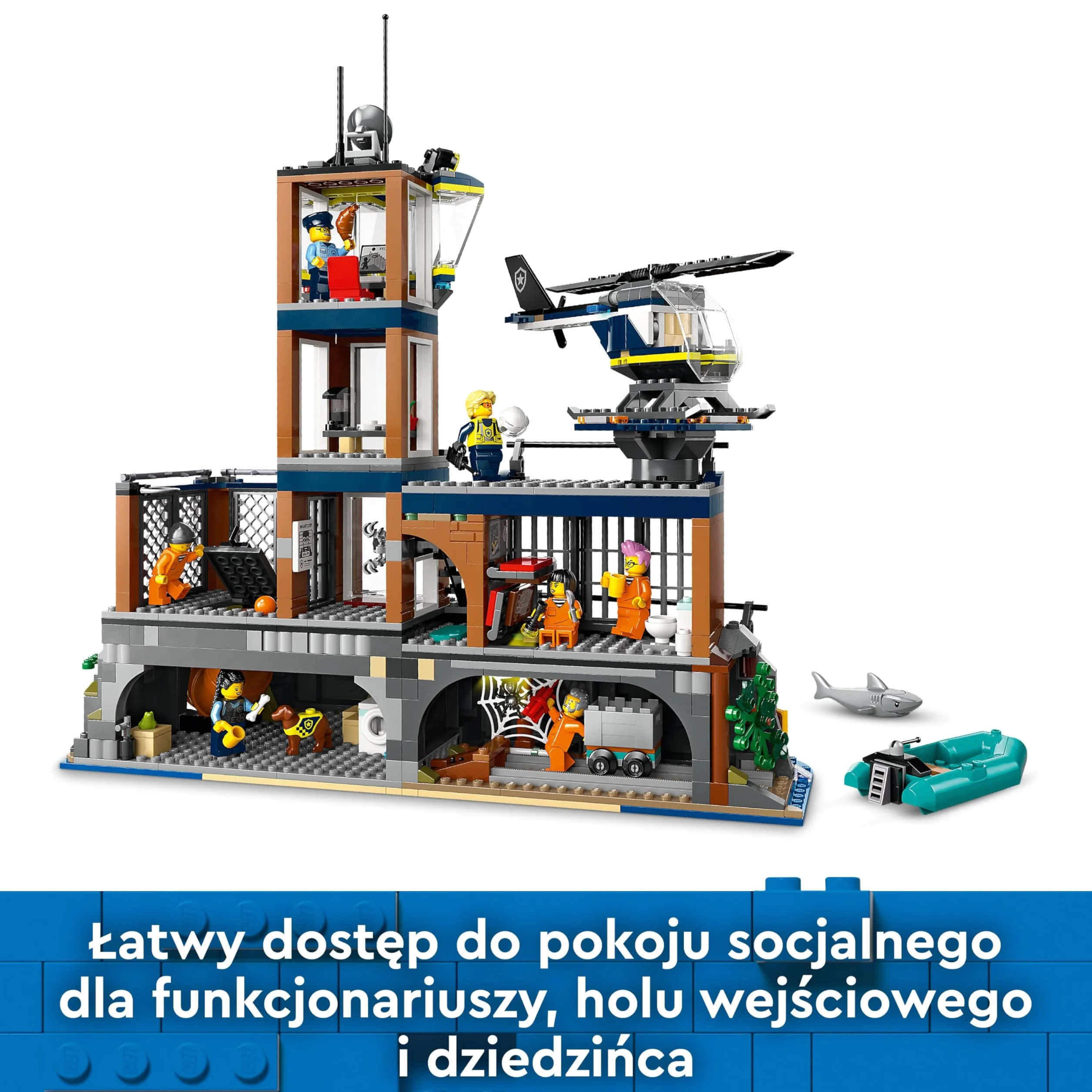 LEGO City Policja z Więziennej Wyspy 60419 dla chłopców i dziewczynek w wieku od siedmiu lat, którzy uwielbiają twórczą zabawę; helikopter, łódka i ponton, siedem minifigurek oraz figurki psa i rekina