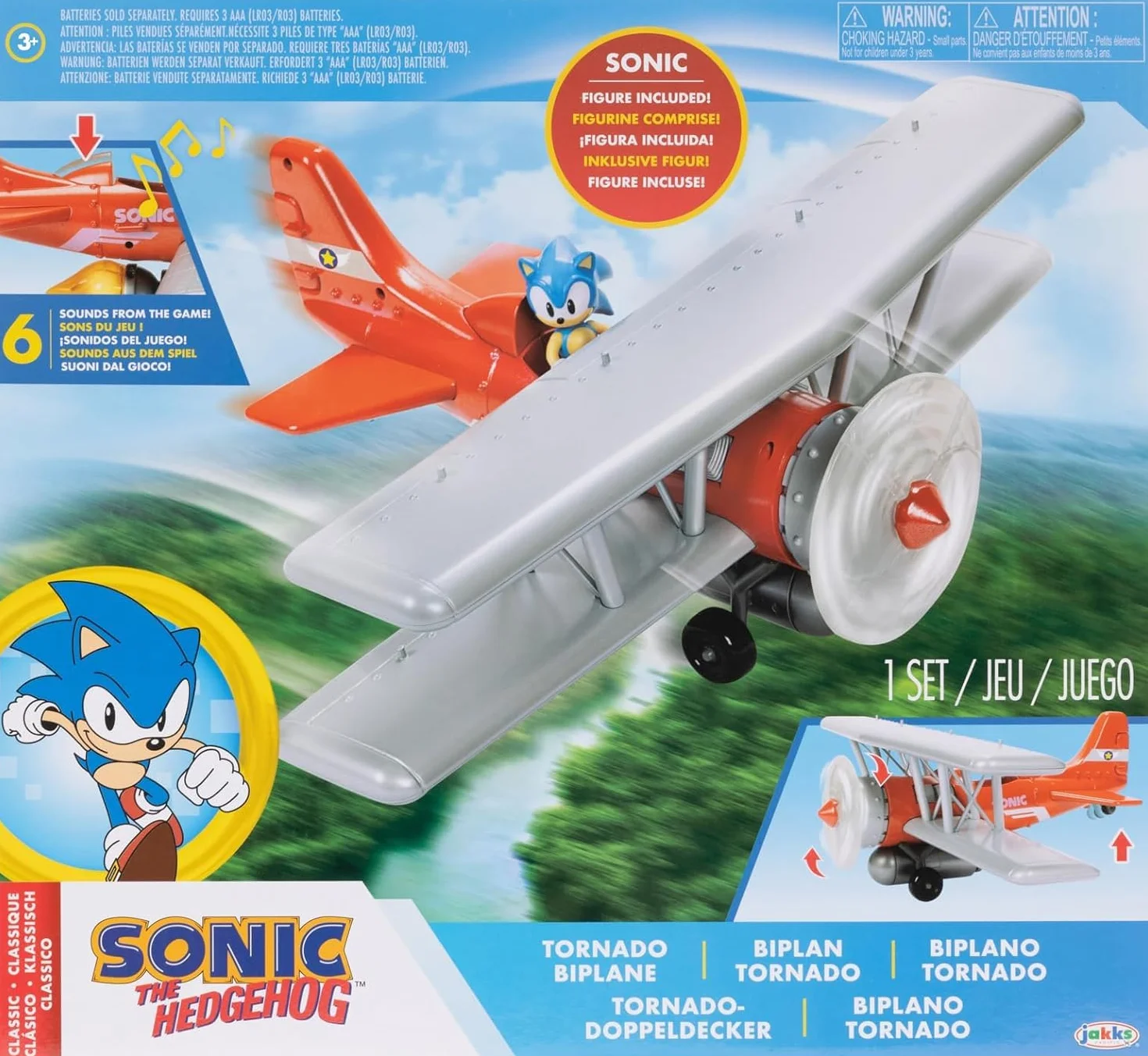 Sonic The Hedgehog Zestaw do zabawy dwupłatowcem Tornado firmy JAKKS Pacific, zawiera 6 cm soniczną figurkę, obracające się śmigło, świecący płomień, 6 efektów dźwiękowych, dynamiczna gra oparta na
