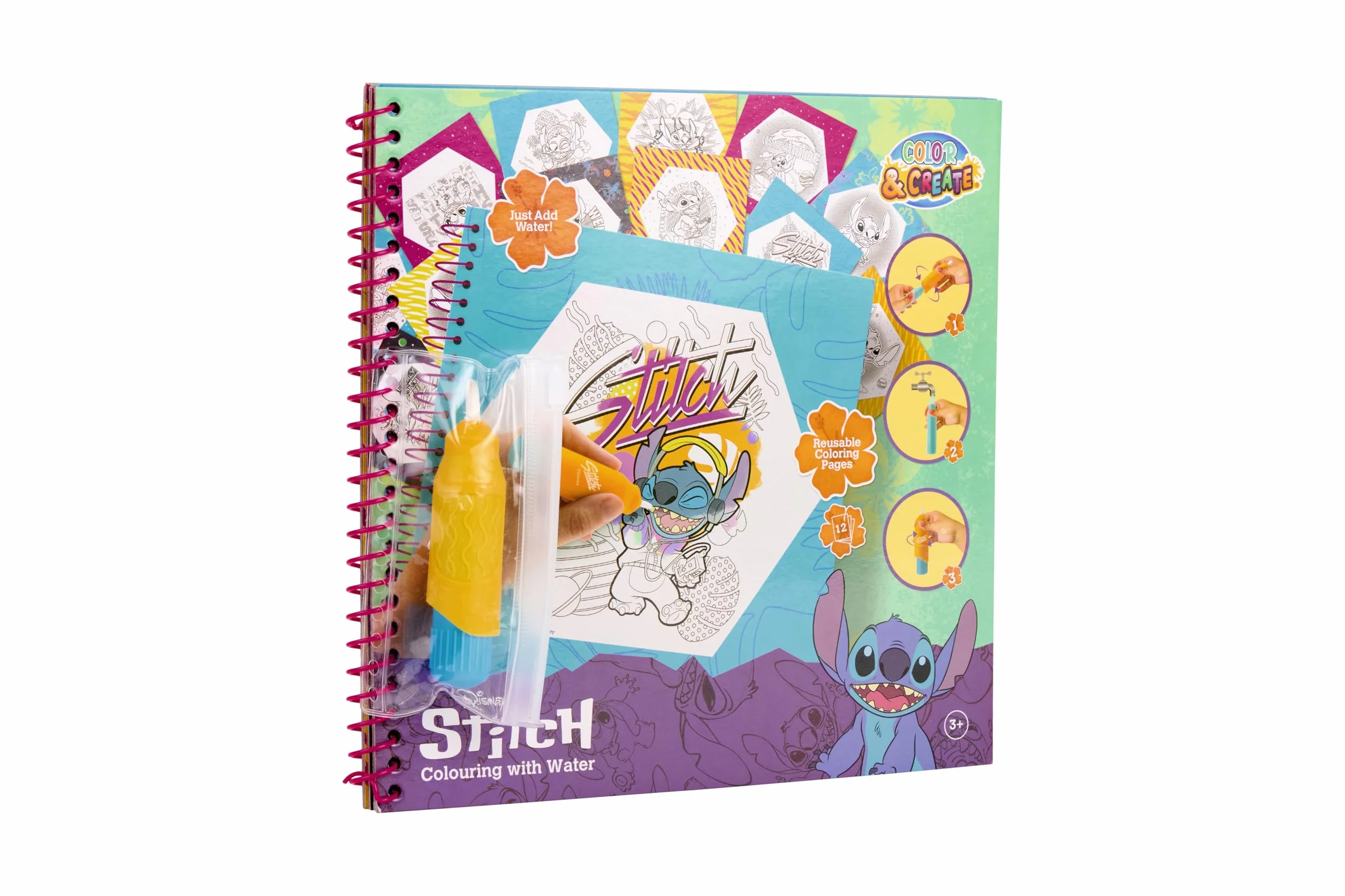 Disney Stitch kolorowanka z wodą, kolorowanka wodna, wielokrotnego użytku dla dzieci od 3 lat, z pisakiem wodnym do ponownego napełniania, 12 stron do kolorowania, prezenty Lilo i Stitch, zestaw do