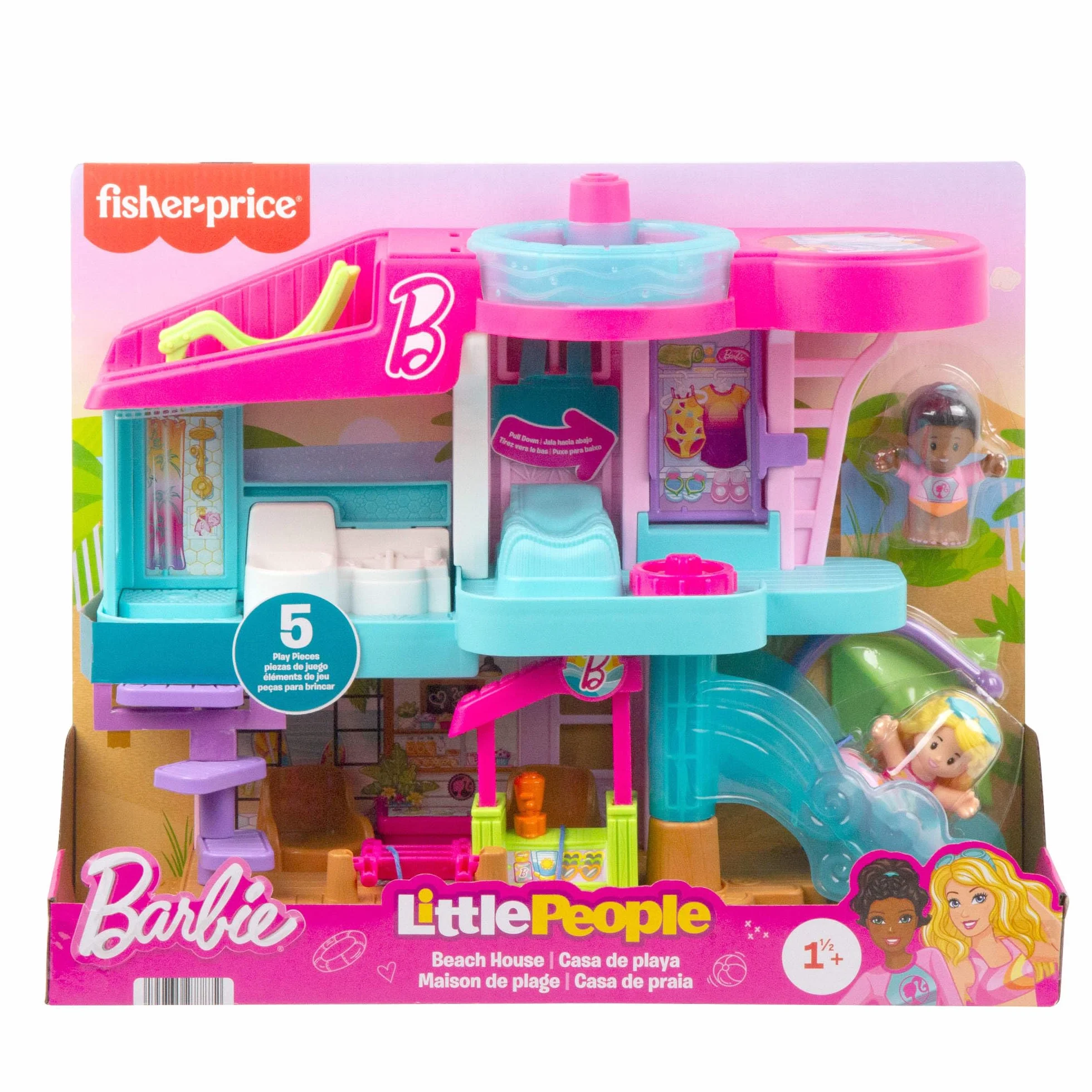 Fisher-Price Little People Barbie Domek Malibu Zestaw z 2 figurkami i akcesoriami do zabawy w naśladowanie, zabawka dla dzieci od 18 miesiąca życia, JCW71