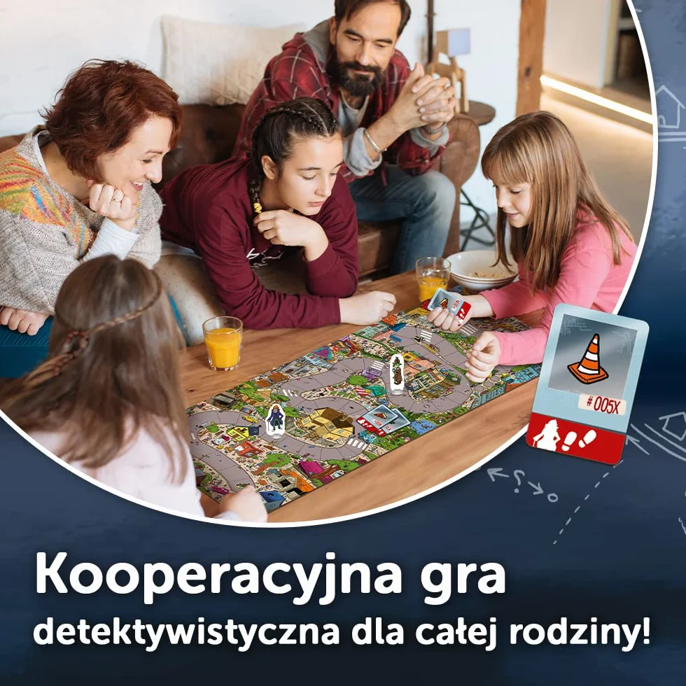 Trefl - Spy Guy - Kooperacyjna Gra Detektywistyczna, Rodzinna Gra Planszowa, Szukaj Dowodów i Złap Przestępcę, Ogromna Plansza z Miastem, Familijna Gra dla Dorosłych i Dzieci od 5 lat
