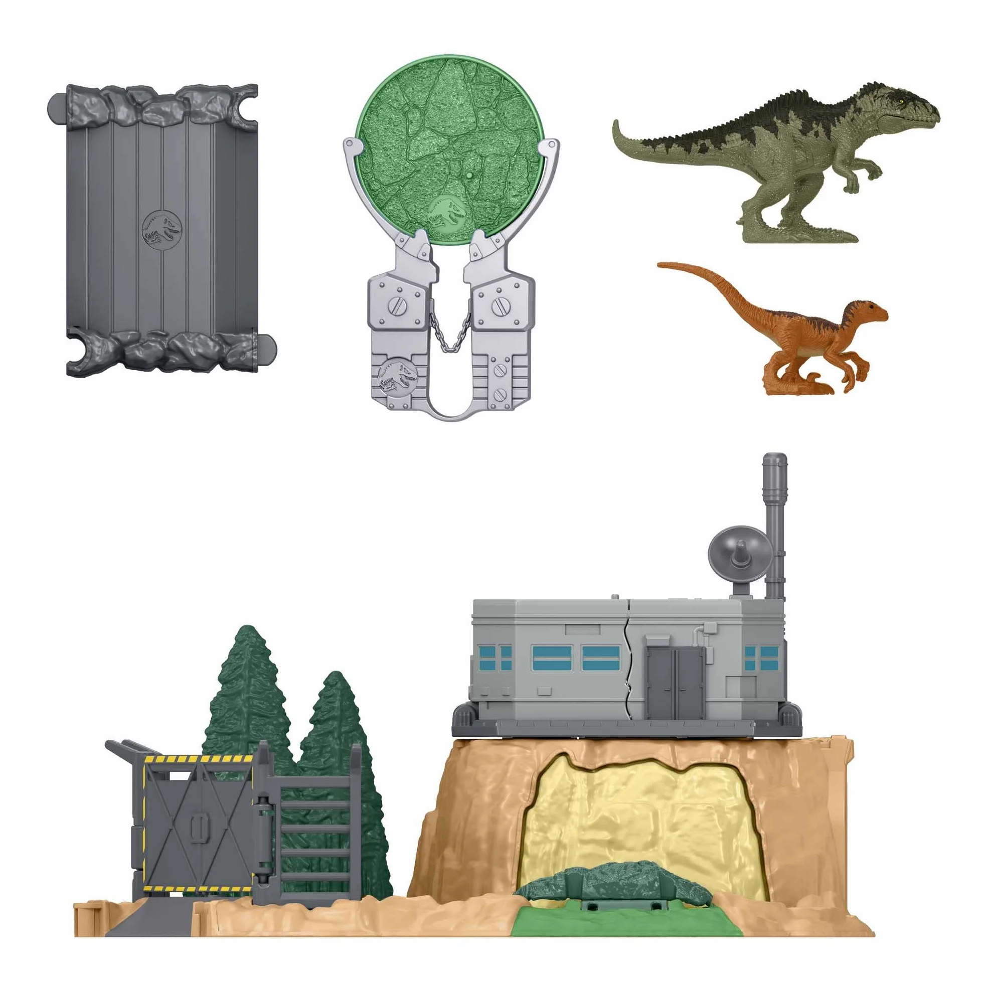 Jurassic World: Dominion Ucieczka dinozaura Minifigurki Zestaw z 2 minifigurkami dinozaurów, kilkoma obszarami zabawy, wyrzutniami i „łamiącymi się” elementami, dla dzieci od 4 roku życia, HFF12