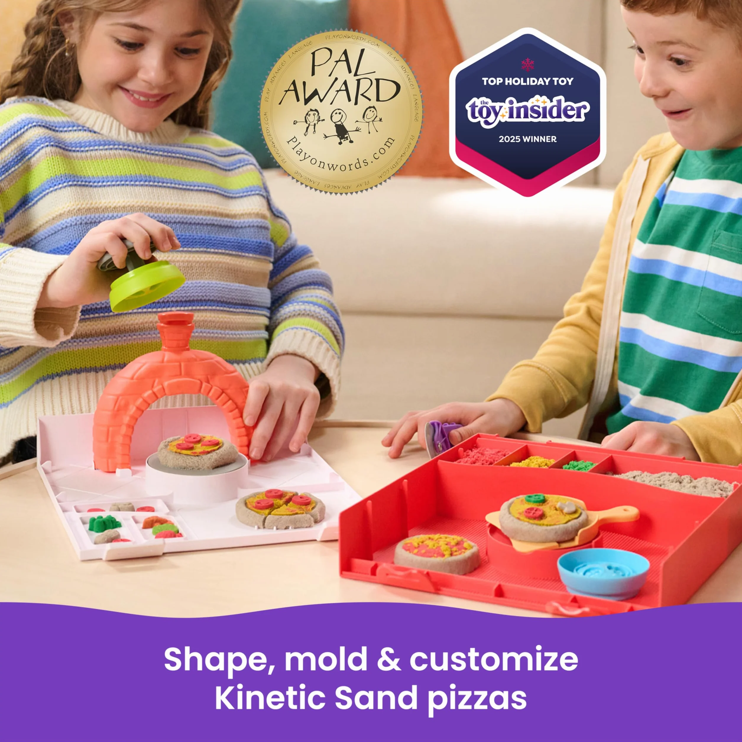Kinetic Sand, zestaw SquishPizza Rising Pizza z 450 g piasku do zabawy i 5 narzędziami, zabawki dla dziewczynek i chłopców w wieku od 5 lat