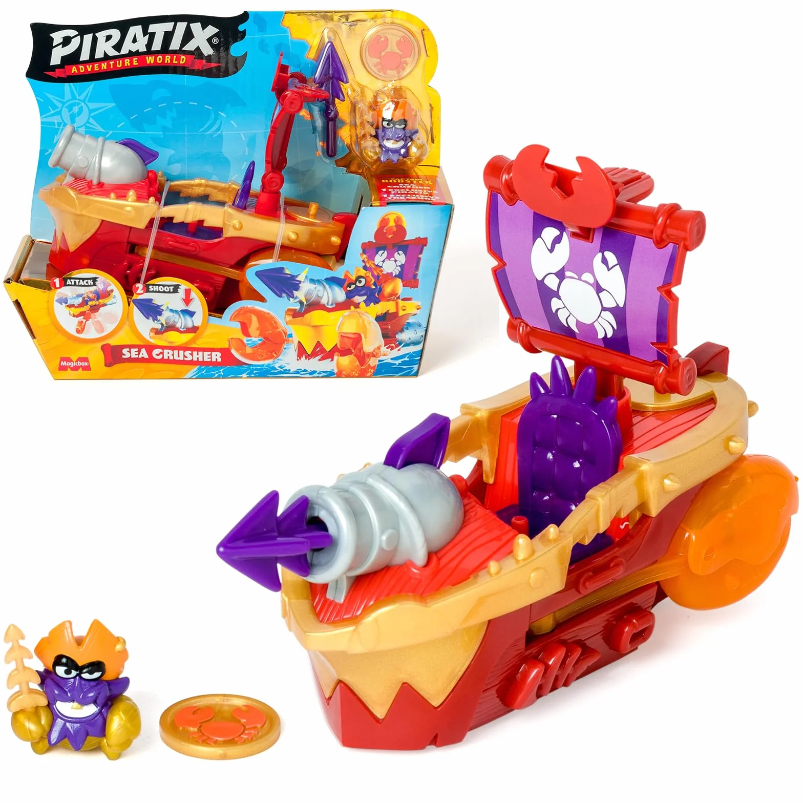 PIRATIX ADVENTURE WORLD Sea Crusher – Statek piracki w kształcie kraba. Zawiera 1 Statek Piratów, 1 ekskluzywny Piratix, 1 Ekskluzywny Skarb, 1 Akcesoria, 1 lufa i 1 pocisk