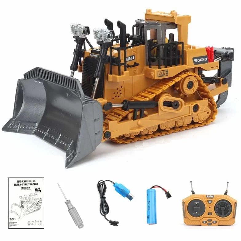 RC Bulldozer, 9-kanałowy zdalnie sterowany buldożer, zabawka 1:20, w pełni funkcjonalny pojazd RC gąsienicowy ze światłem i efektami dźwiękowymi
