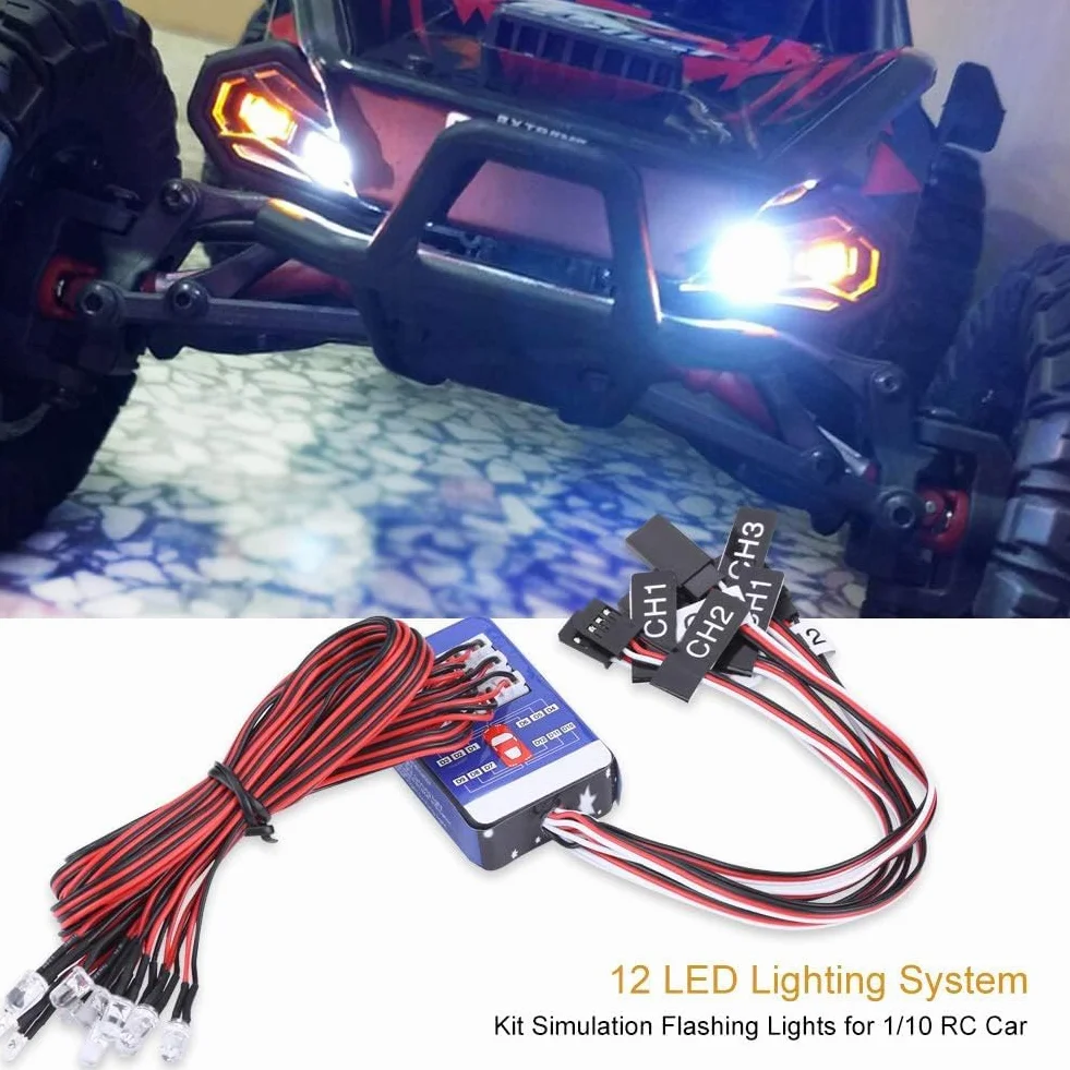 RC Car LED Light Set, 12 LED Lighting System Kit Symulacja Migające światła dla 1/10 1/8 RC Car Truck Crawler, DC5~12V