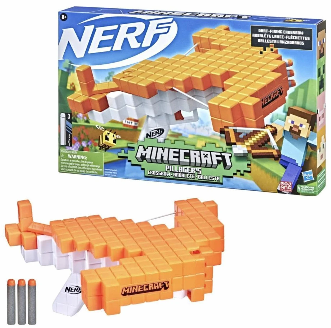 Nerf Minecraft Pillager's Crossbow, strzelająca strzałkami kusza, prawdziwy mechanizm działania kuszy, dołączono 3 oryginalne strzałki Nerf Elite
