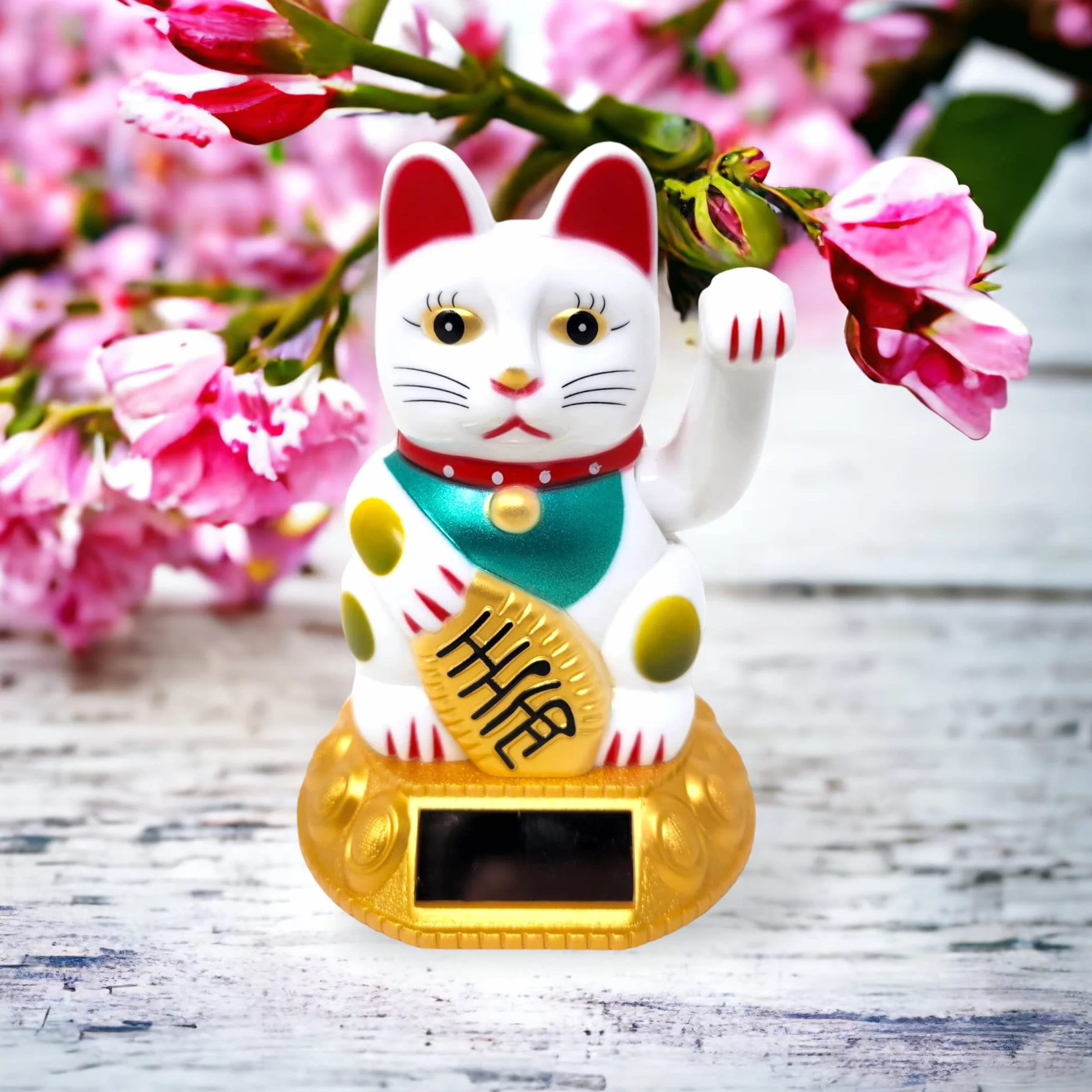 Starlet24® Machająca kotka szczęścia Winkekatze Lucky Cat Maneki-Neko Machająca japońska Maneki-Neko (Biały z ogniwami słonecznymi, 12 cm)