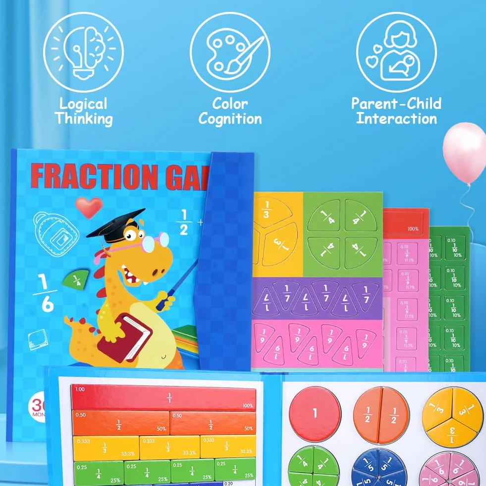 OFFCUP Magnetyczne płytki ułamkowe Montessori, zabawka edukacyjna matematyczna, zestaw manipulatorów (dinozaur)