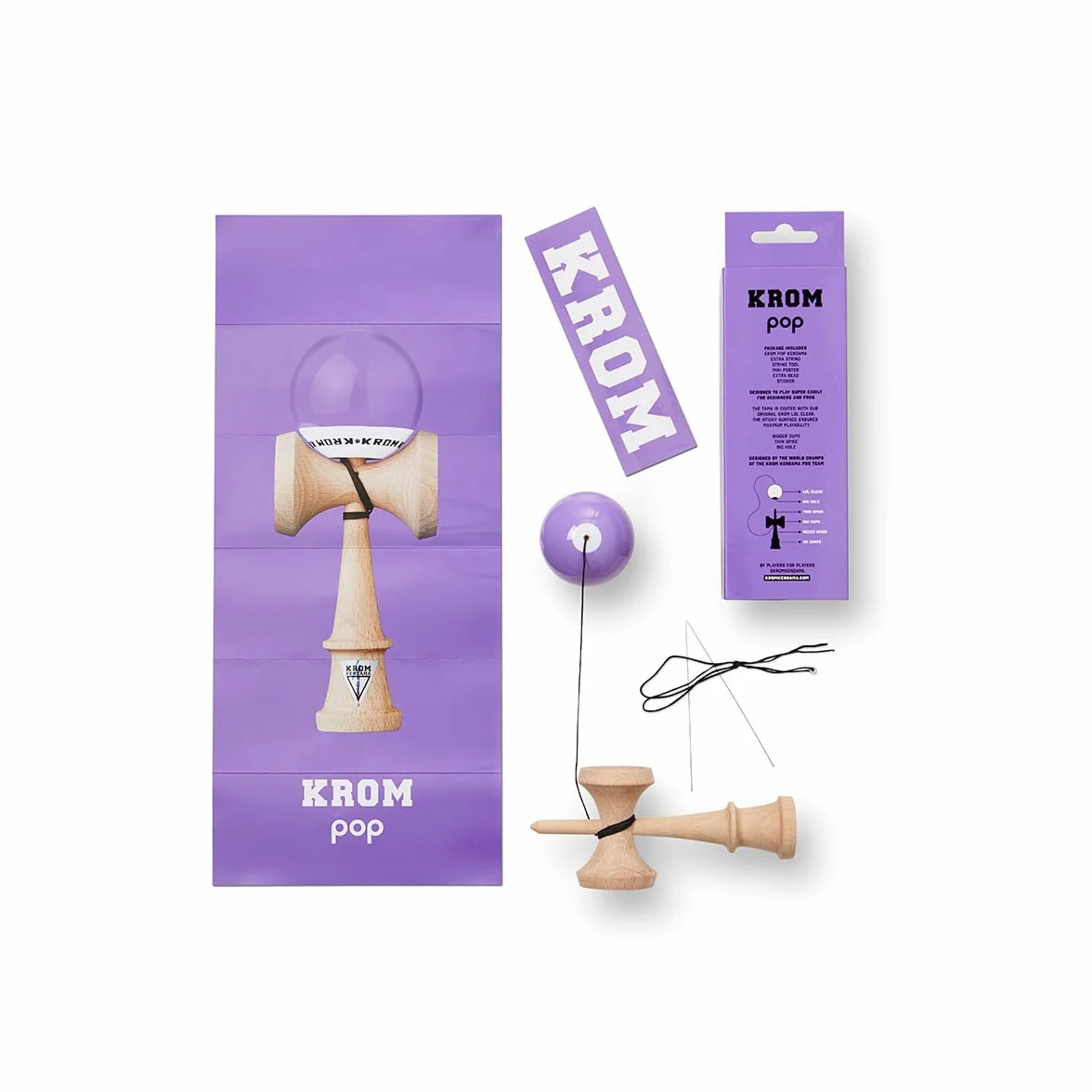 KROM - Kendama POP LOL lawenda – wysoka jakość drewna – dla początkujących i profesjonalistów – opakowanie: zapasowy sznurek + naklejki