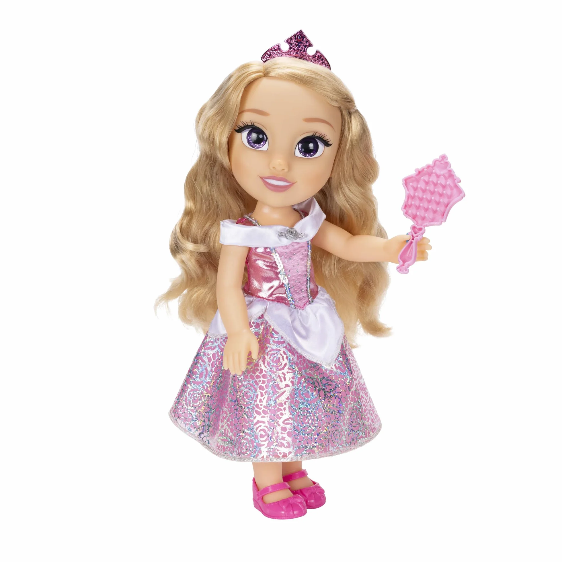 Disney Princess Modna lalka Aurora, 14"/35 cm wysoka lalka z królewskimi oczami refleksyjnymi zawiera błyszczącą platynową sukienkę z nadrukiem holofoilu, buty, tiara i pędzel, idealna dla dziewcząt w